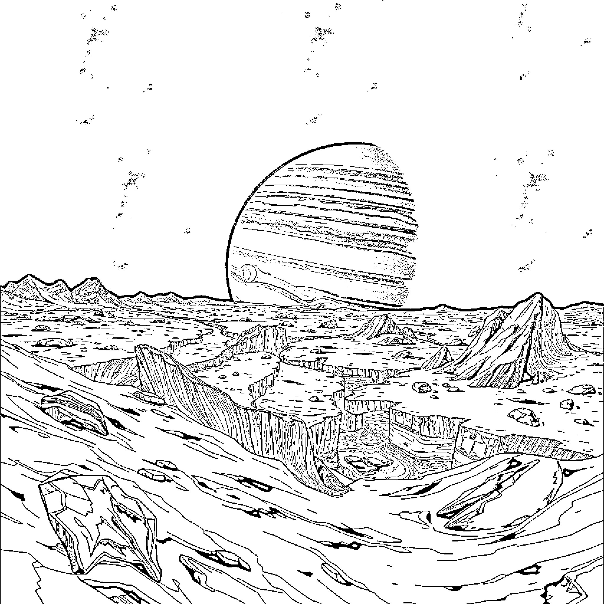 Jupiter's Awe-Inspiring Landscape Coloring Page (free black-and-white line drawing printable PDF for all, from beginners to advanced learners, including children, teens, adults, and seniors)