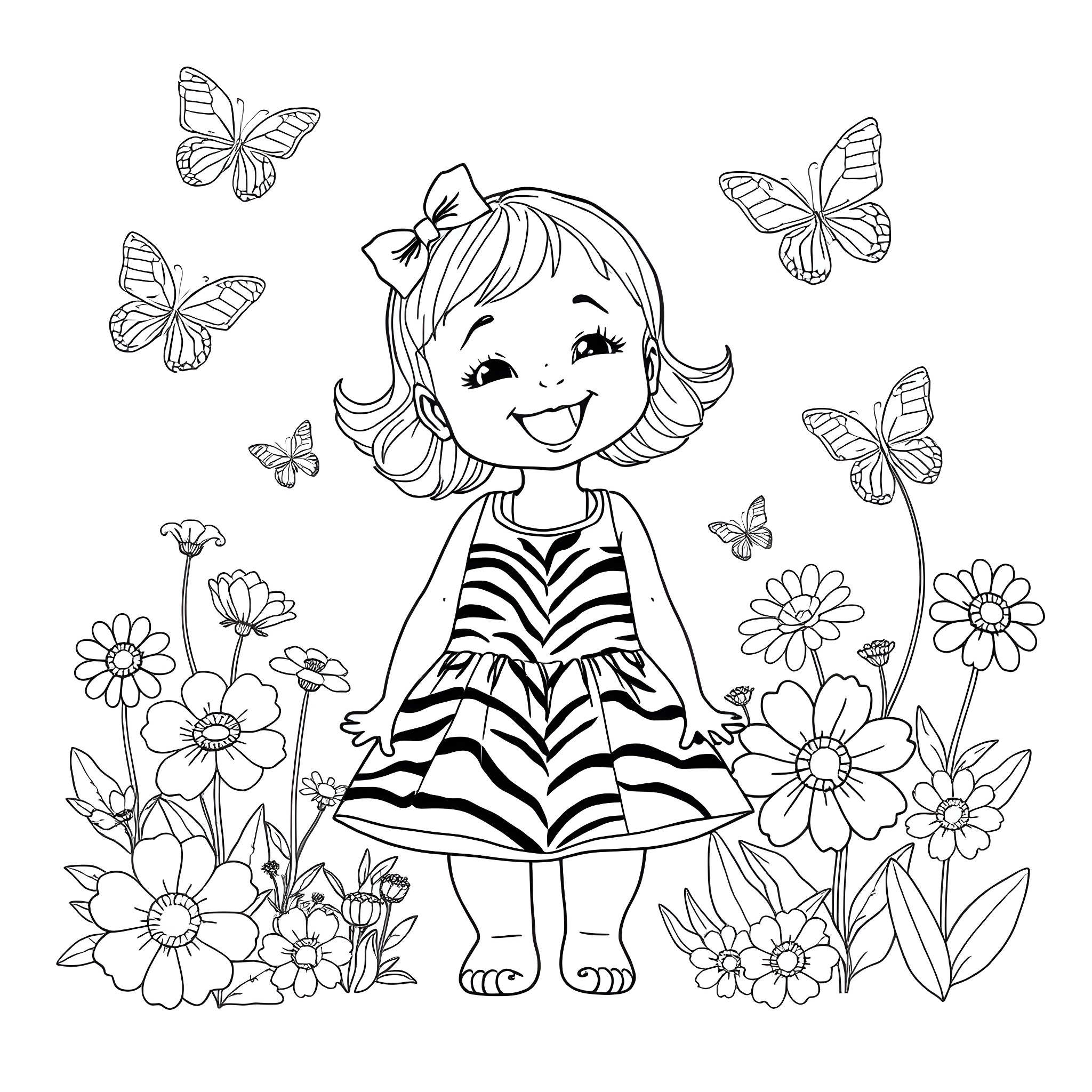 Girl with happy expression surrounded by butterflies and flowers Coloring Page (free black-and-white line drawing printable PDF for all, from beginners to advanced learners, including children, teens, adults, and seniors)