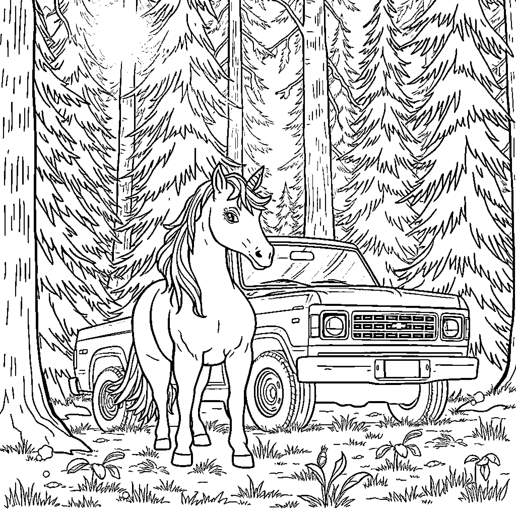 Unicorn strolling through the forest with a truck Coloring Page (free black-and-white line drawing printable PDF for all, from beginners to advanced learners, including children, teens, adults, and seniors)