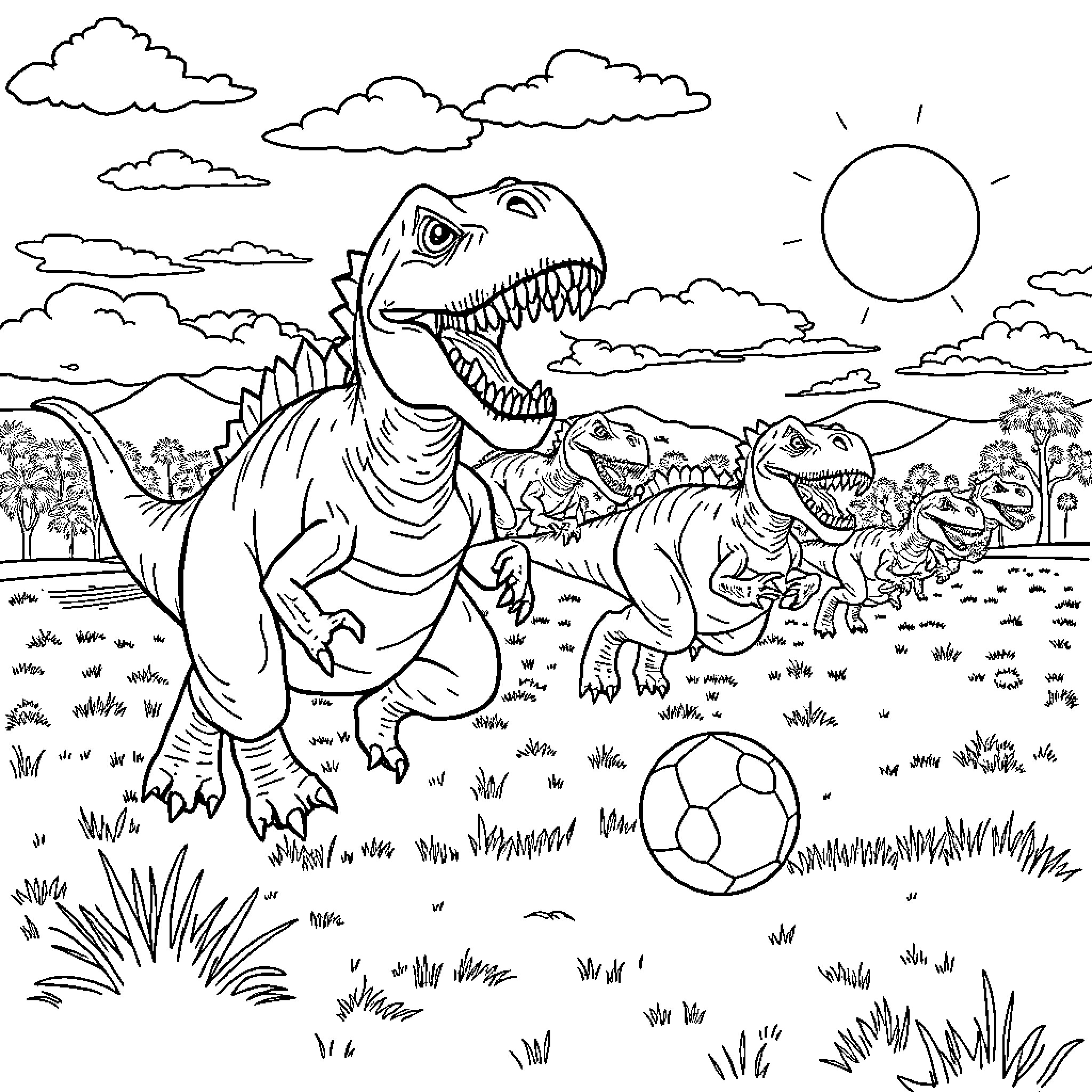 Dinosaurs playing soccer in a scenic landscape Coloring Page (free black-and-white line drawing printable PDF for all, from beginners to advanced learners, including children, teens, adults, and seniors)