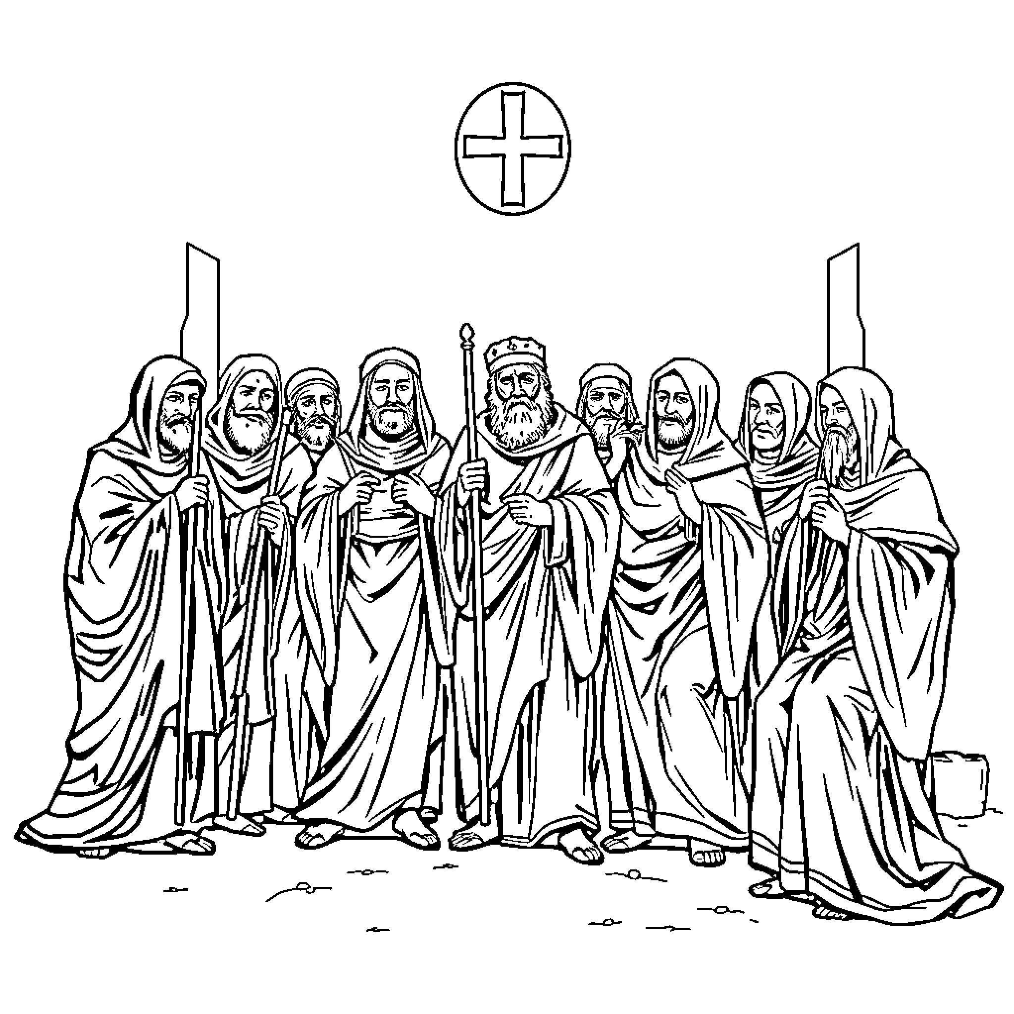 Martyr Priests in Solemn Procession Coloring Page (free black-and-white line drawing printable PDF for all, from beginners to advanced learners, including children, teens, adults, and seniors)