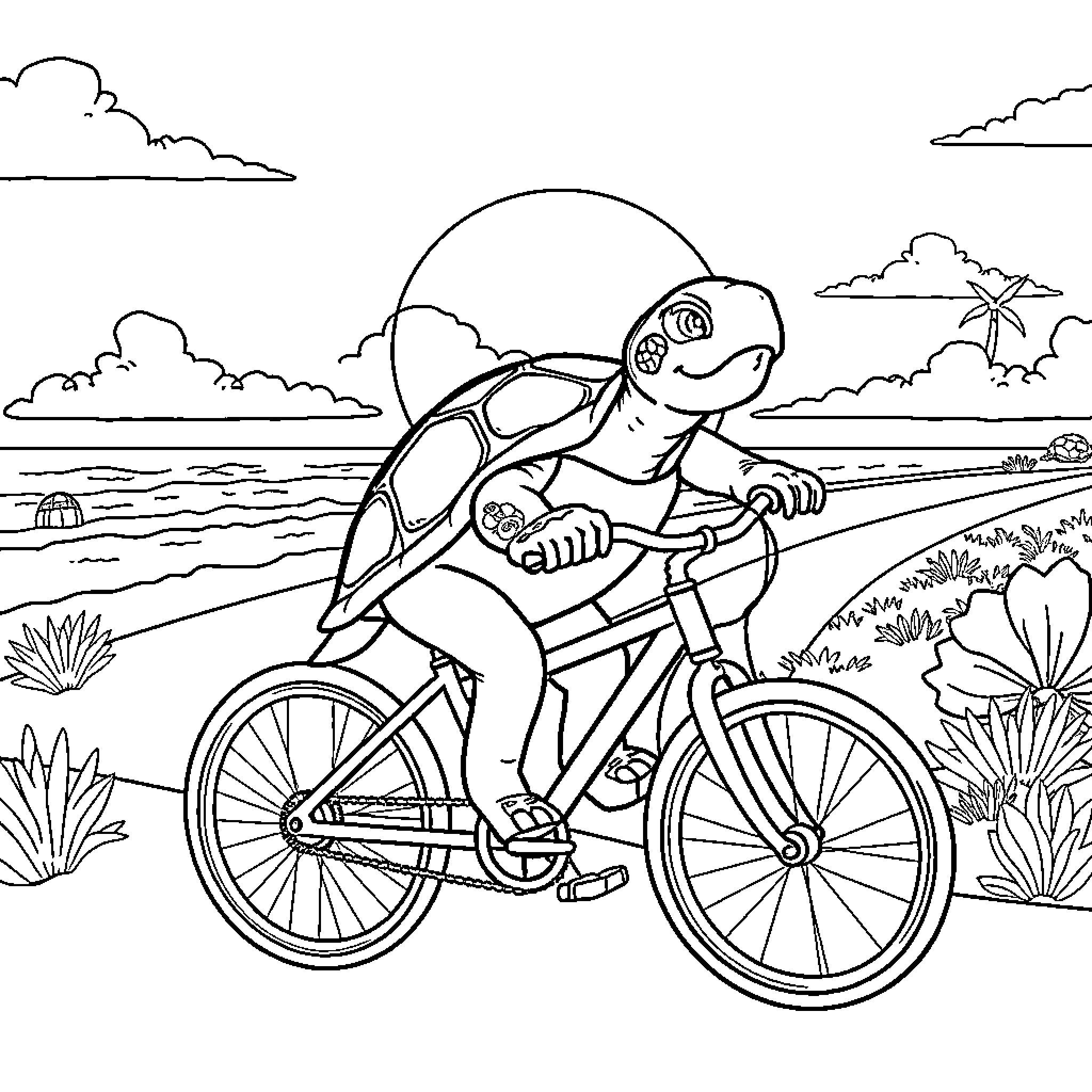 Sea Turtle Riding Bicycle on Beach Coloring Page (free black-and-white line drawing printable PDF for all, from beginners to advanced learners, including children, teens, adults, and seniors)