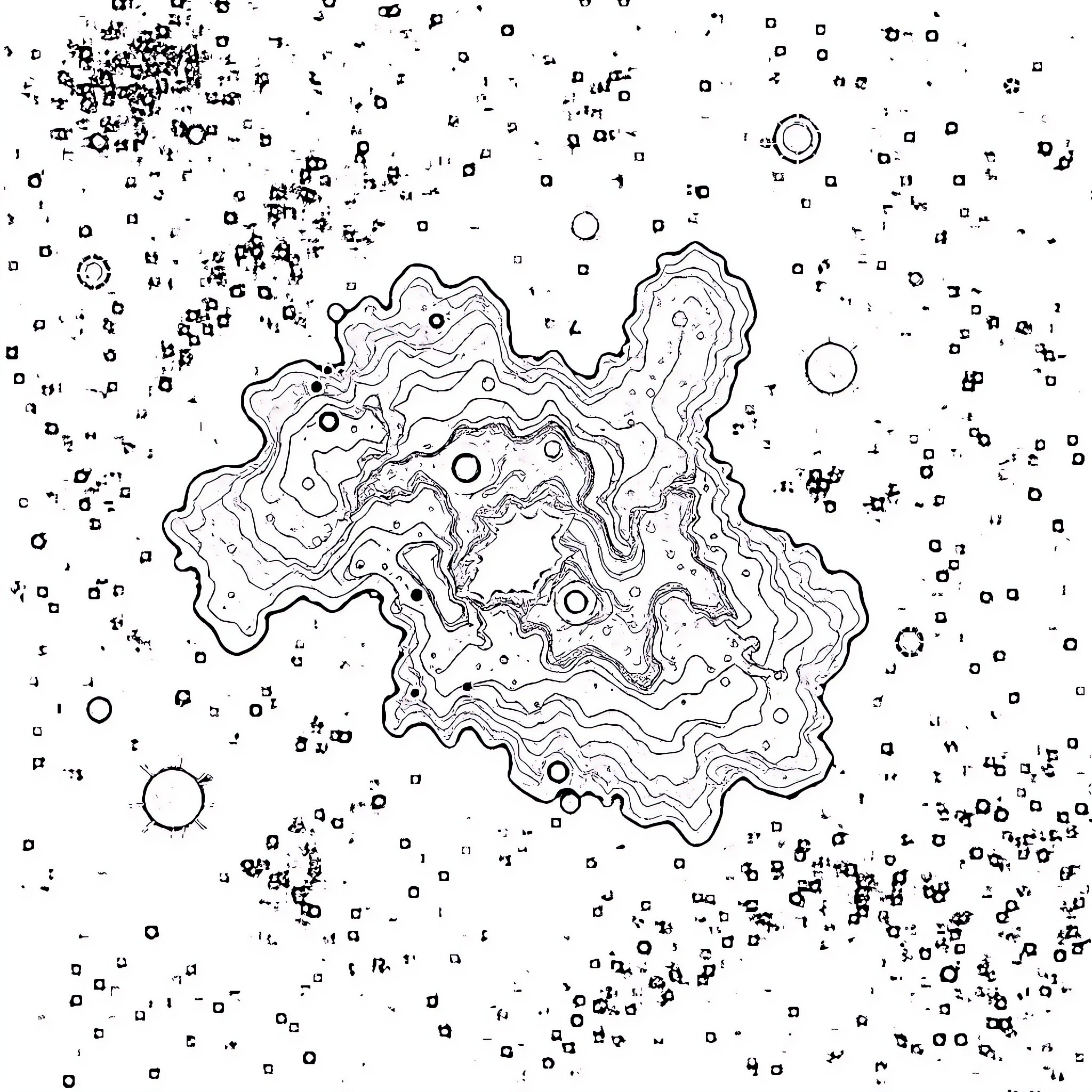Nebula Monochrome: Cosmic Topography Revealed Coloring Page (free black-and-white line drawing printable PDF for all, from beginners to advanced learners, including children, teens, adults, and seniors)