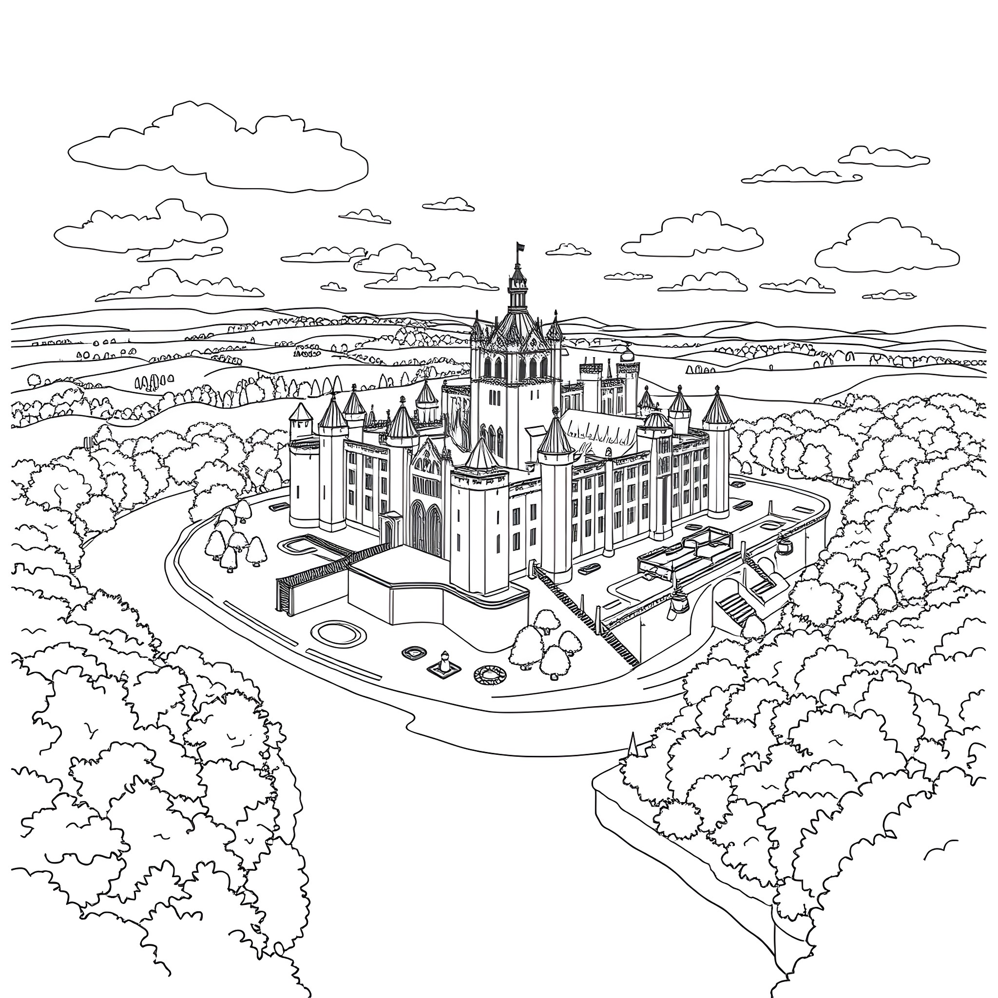 Windsor Castle in a Whimsical Landscape Coloring Page (free black-and-white line drawing printable PDF for all, from beginners to advanced learners, including children, teens, adults, and seniors)