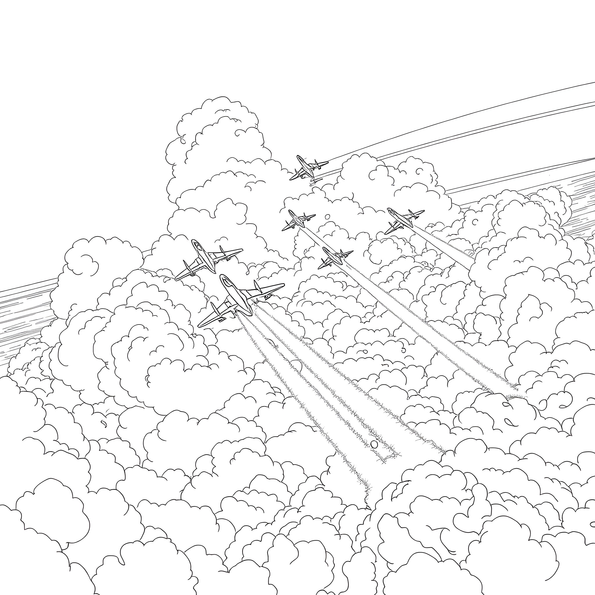 Airplane fleet soaring through the cloudy skies Coloring Page (free black-and-white line drawing printable PDF for all, from beginners to advanced learners, including children, teens, adults, and seniors)