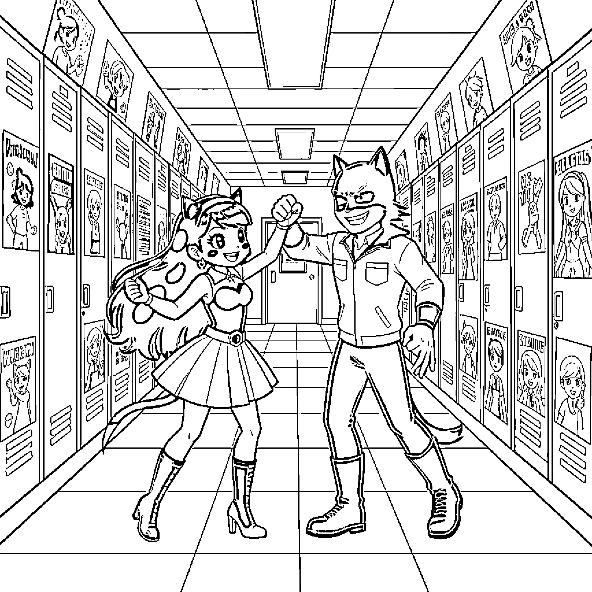 Ladybug and Chat Noir in school hallway Coloring Page (free black-and-white line drawing printable PDF for all, from beginners to advanced learners, including children, teens, adults, and seniors)
