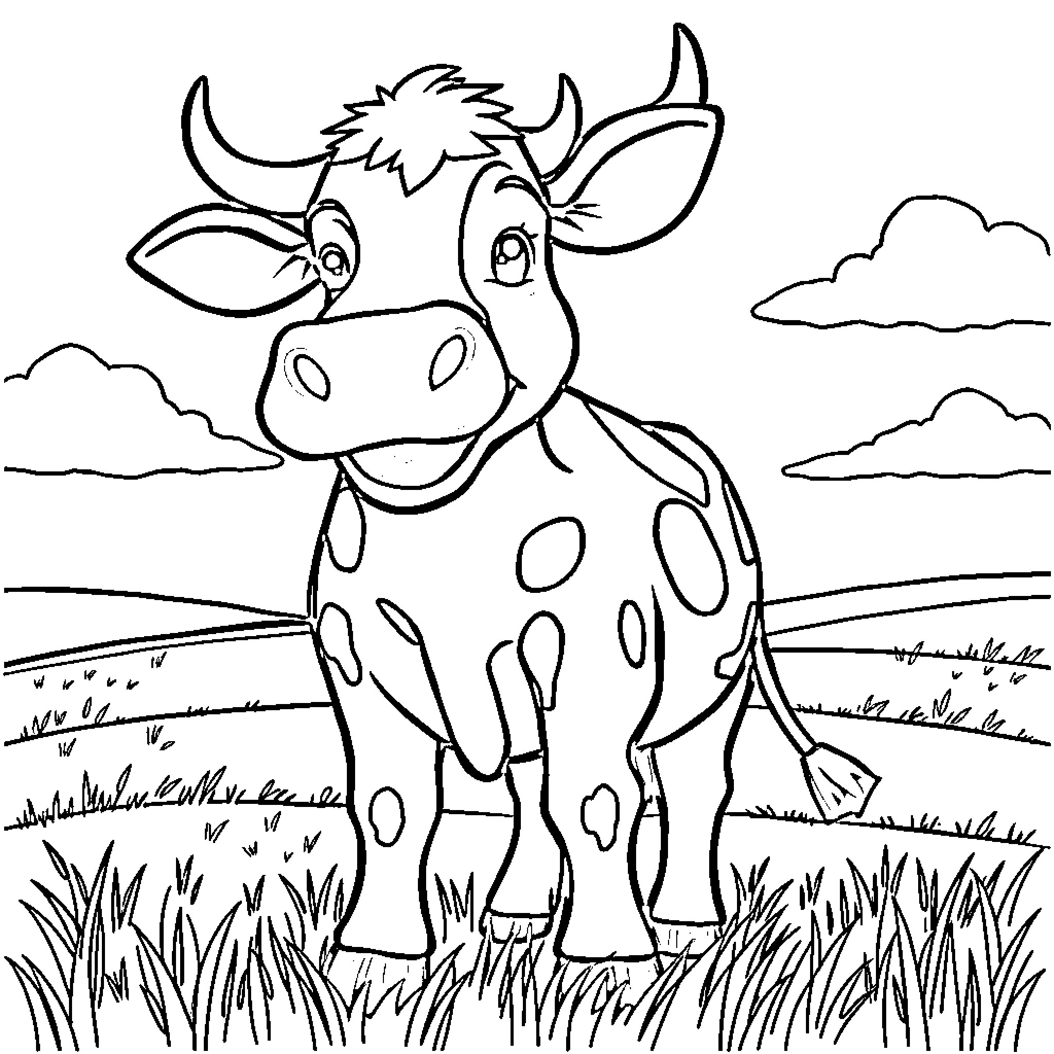 Cow with curious expression in grassy field Coloring Page (free black-and-white line drawing printable PDF for all, from beginners to advanced learners, including children, teens, adults, and seniors)