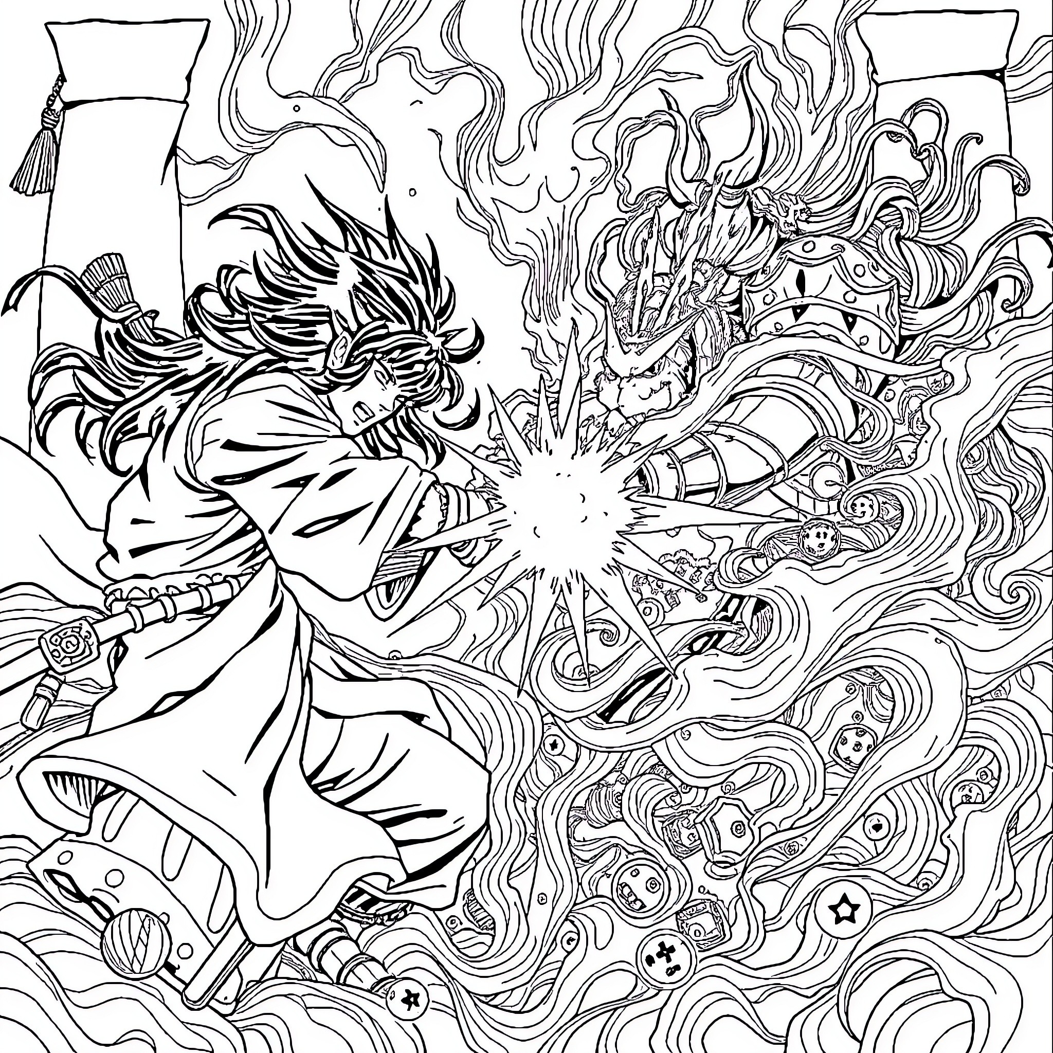Tanjiro's Fierce Battle with Intense Energy Coloring Page (free black-and-white line drawing printable PDF for all, from beginners to advanced learners, including children, teens, adults, and seniors)