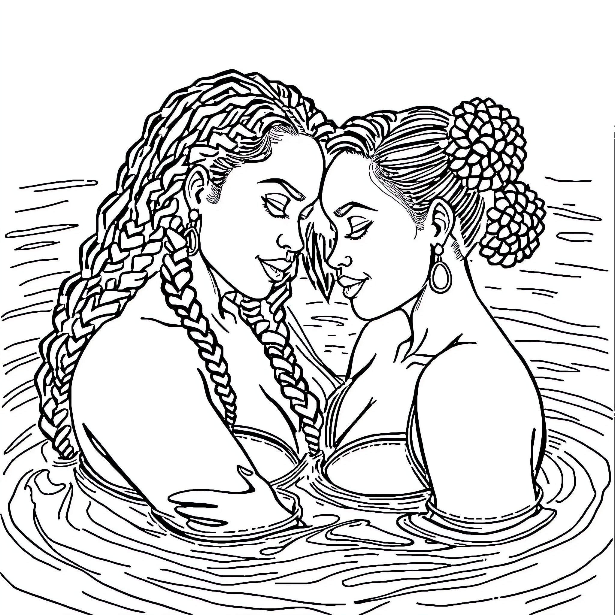 Women in Thoughtful Embrace by the Water Coloring Page (free black-and-white line drawing printable PDF for all, from beginners to advanced learners, including children, teens, adults, and seniors)