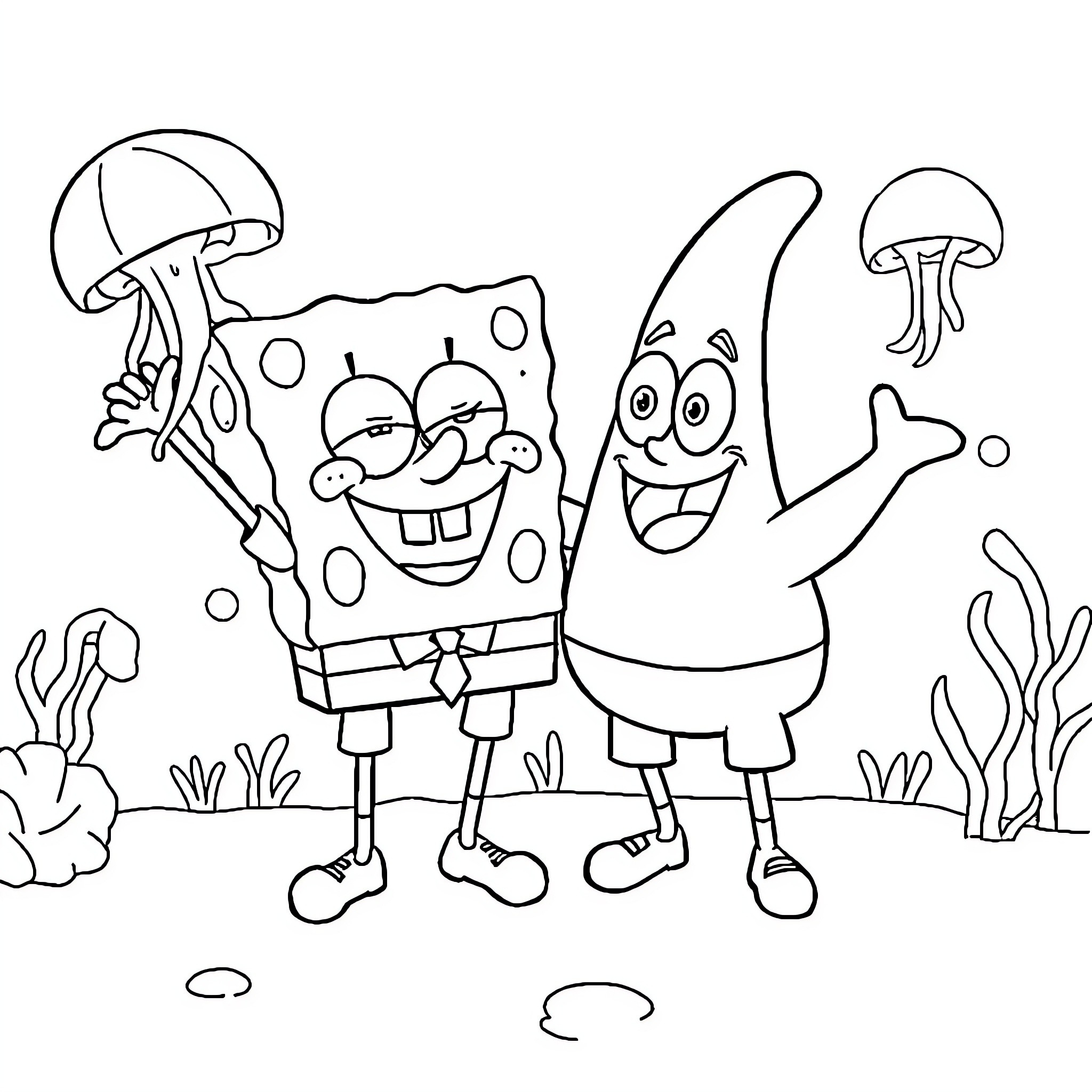 Sponge Bob and Patrick happily playing underwater Coloring Page (free black-and-white line drawing printable PDF for all, from beginners to advanced learners, including children, teens, adults, and seniors)