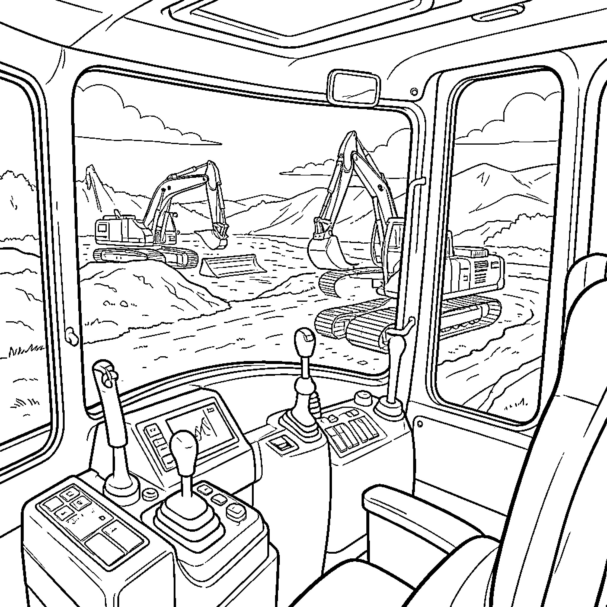 Excavator operating in a large construction site Coloring Page (free black-and-white line drawing printable PDF for all, from beginners to advanced learners, including children, teens, adults, and seniors)
