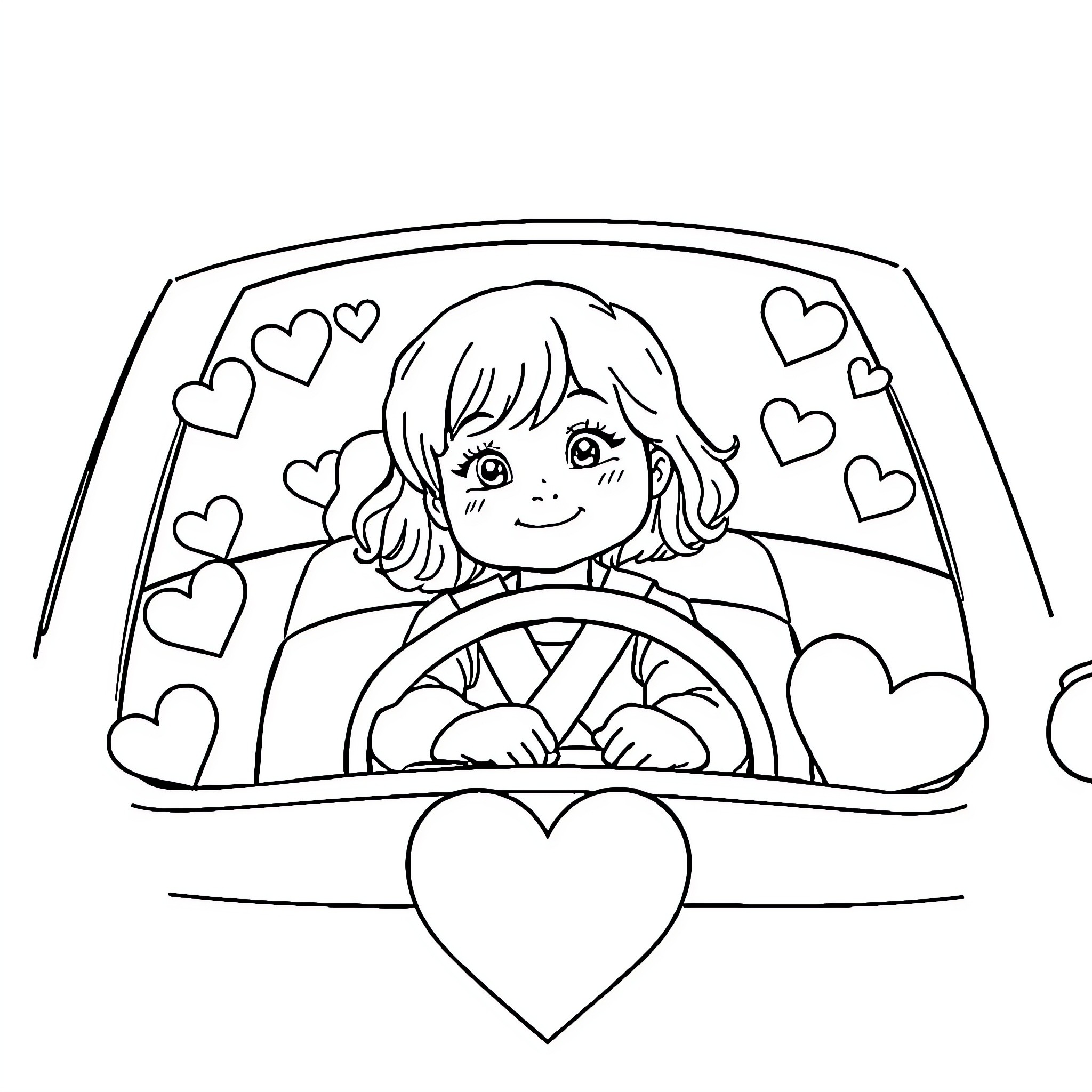 Girl driving happily with hearts surrounding her Coloring Page (free black-and-white line drawing printable PDF for all, from beginners to advanced learners, including children, teens, adults, and seniors)