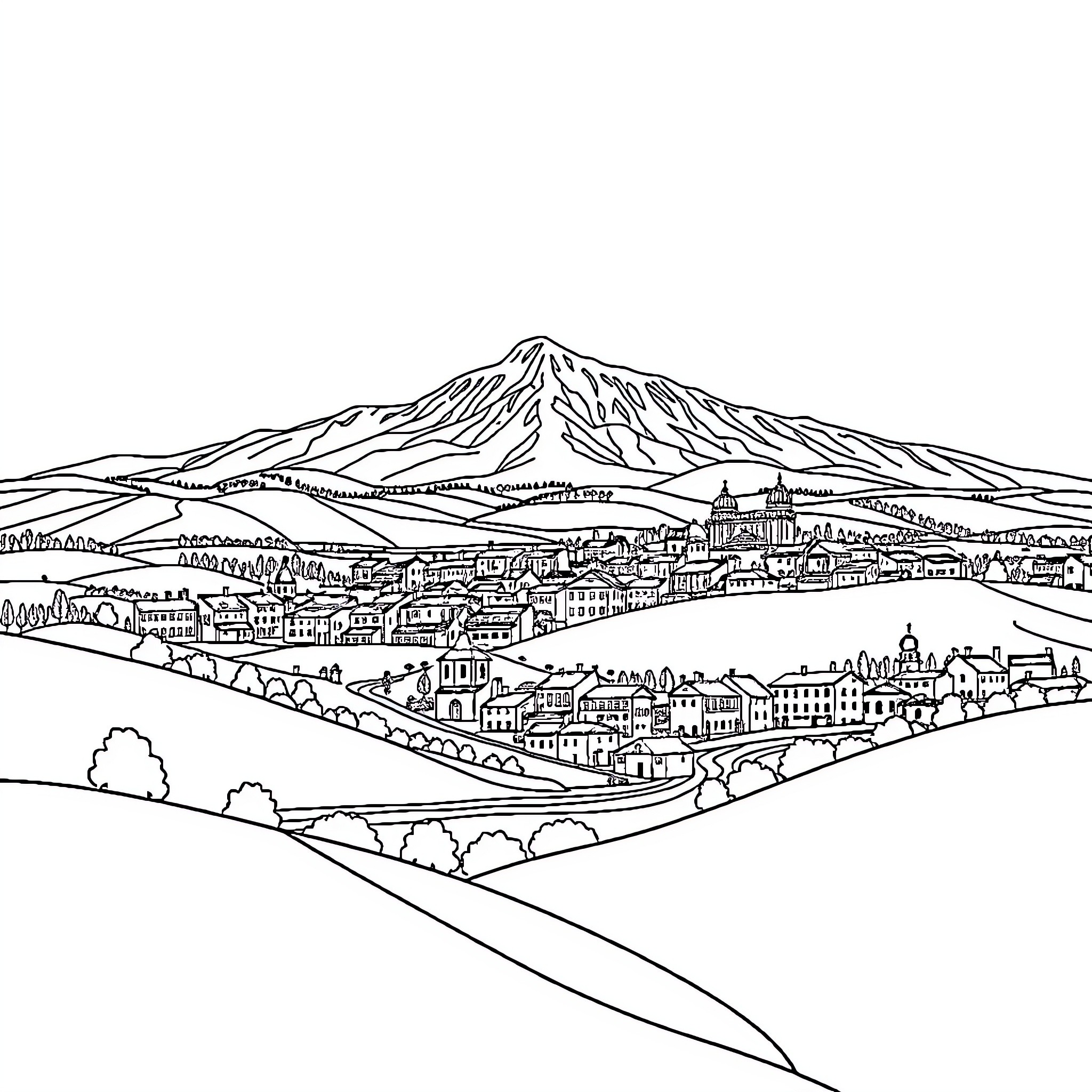 Sofia's Picturesque Mountain Town Landscape Coloring Page (free black-and-white line drawing printable PDF for all, from beginners to advanced learners, including children, teens, adults, and seniors)