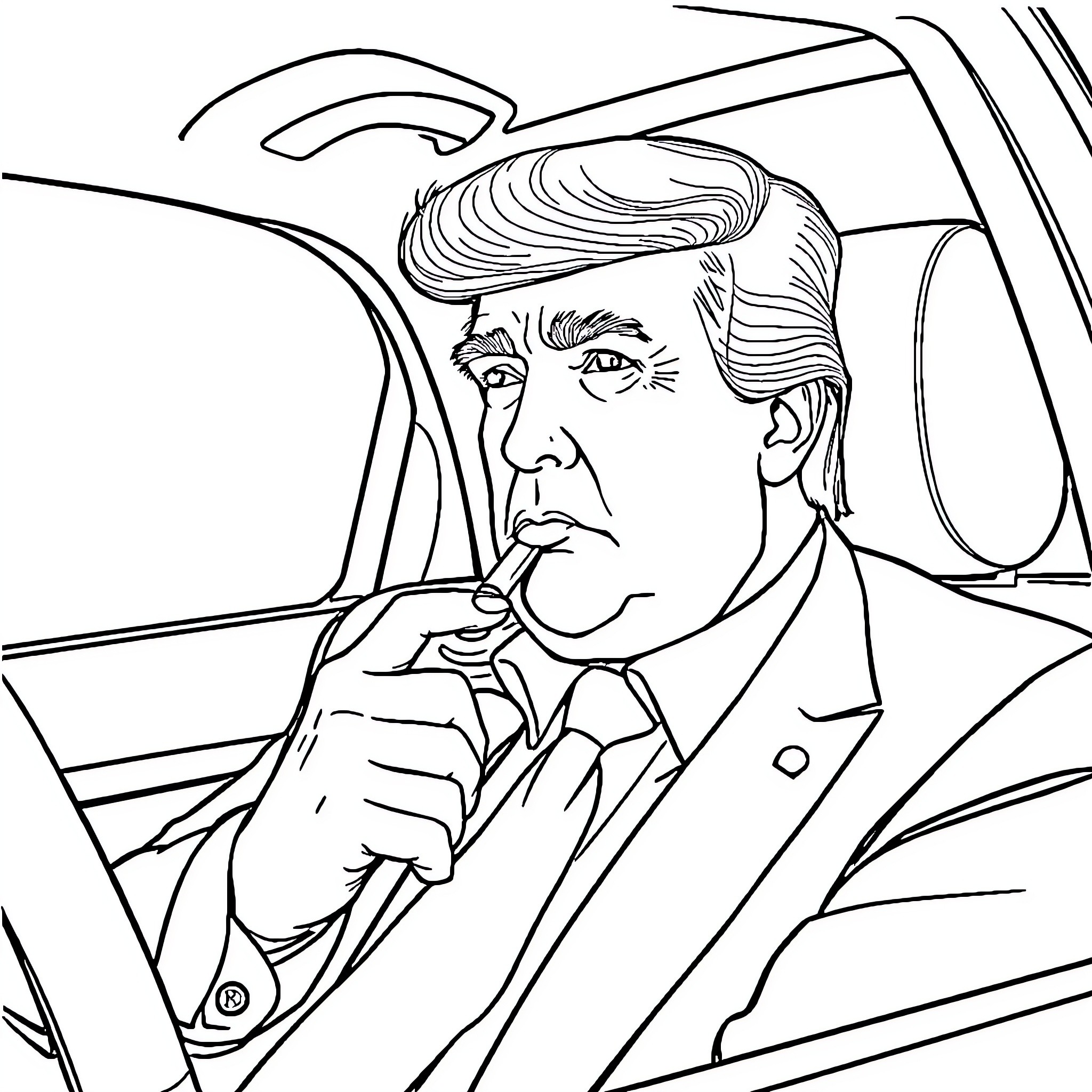 Donald Trump contemplating while in his limousine Coloring Page (free black-and-white line drawing printable PDF for all, from beginners to advanced learners, including children, teens, adults, and seniors)