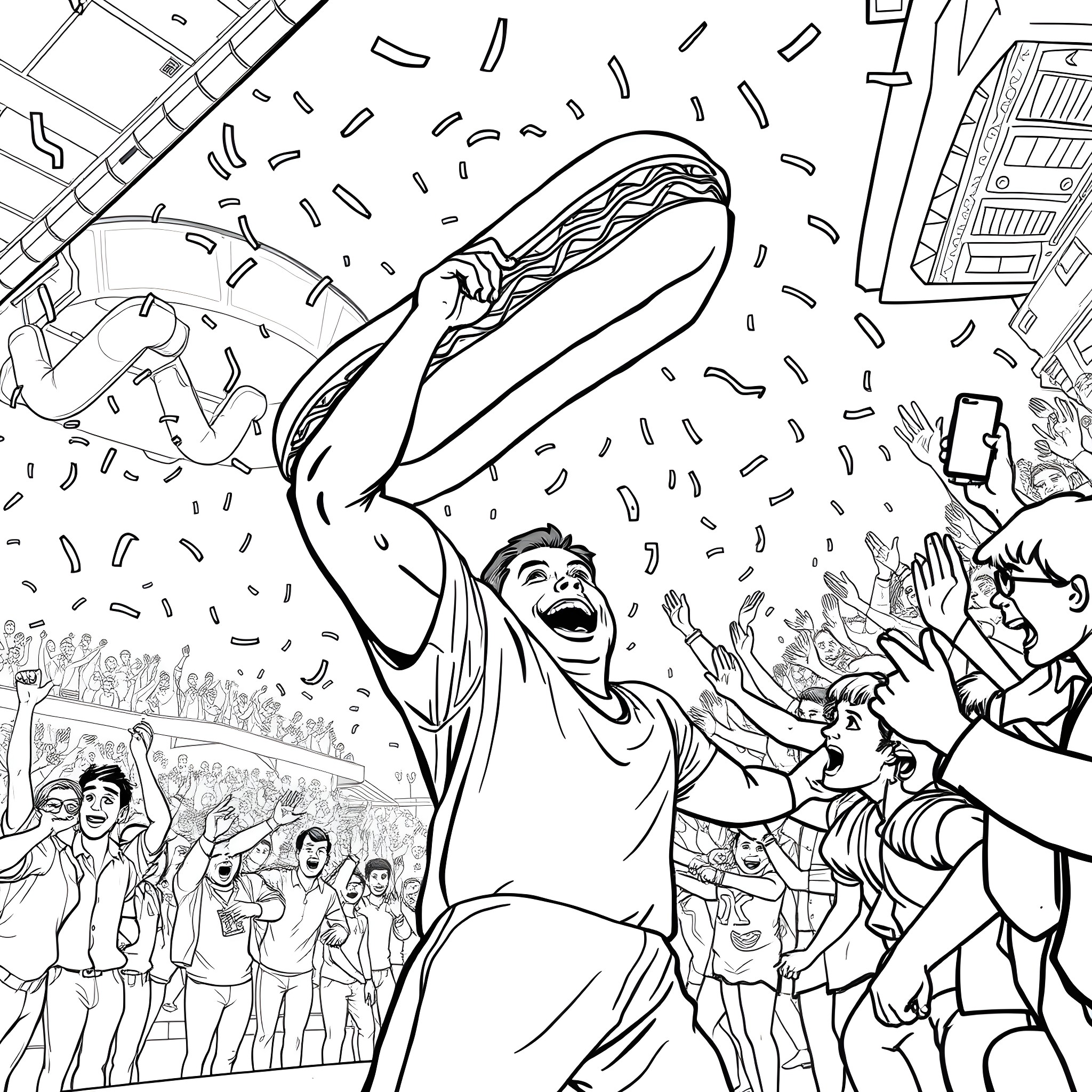 Patrick Mahoney celebrating sports victory with crowd Coloring Page (free black-and-white line drawing printable PDF for all, from beginners to advanced learners, including children, teens, adults, and seniors)
