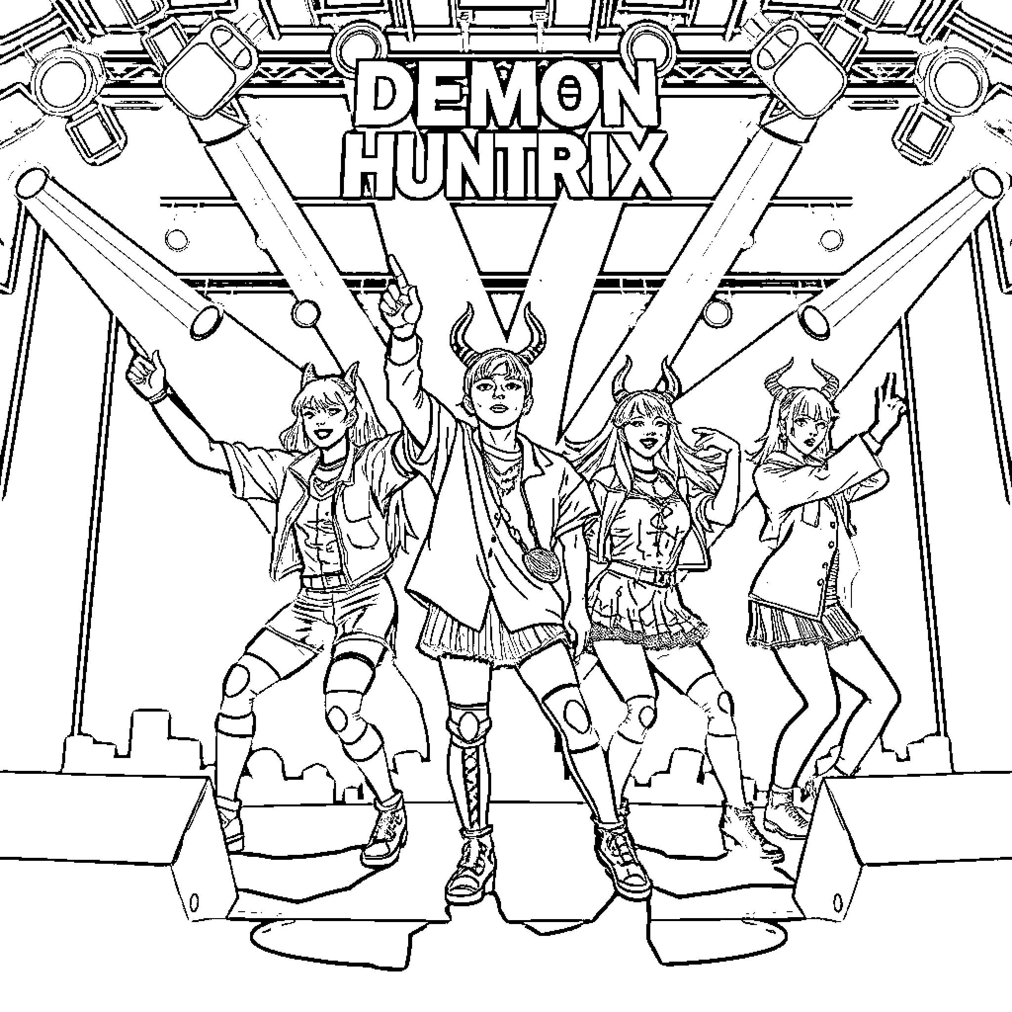 Demon Huntrix: Fierce Warrior Women in Action Coloring Page (free black-and-white line drawing printable PDF for all, from beginners to advanced learners, including children, teens, adults, and seniors)