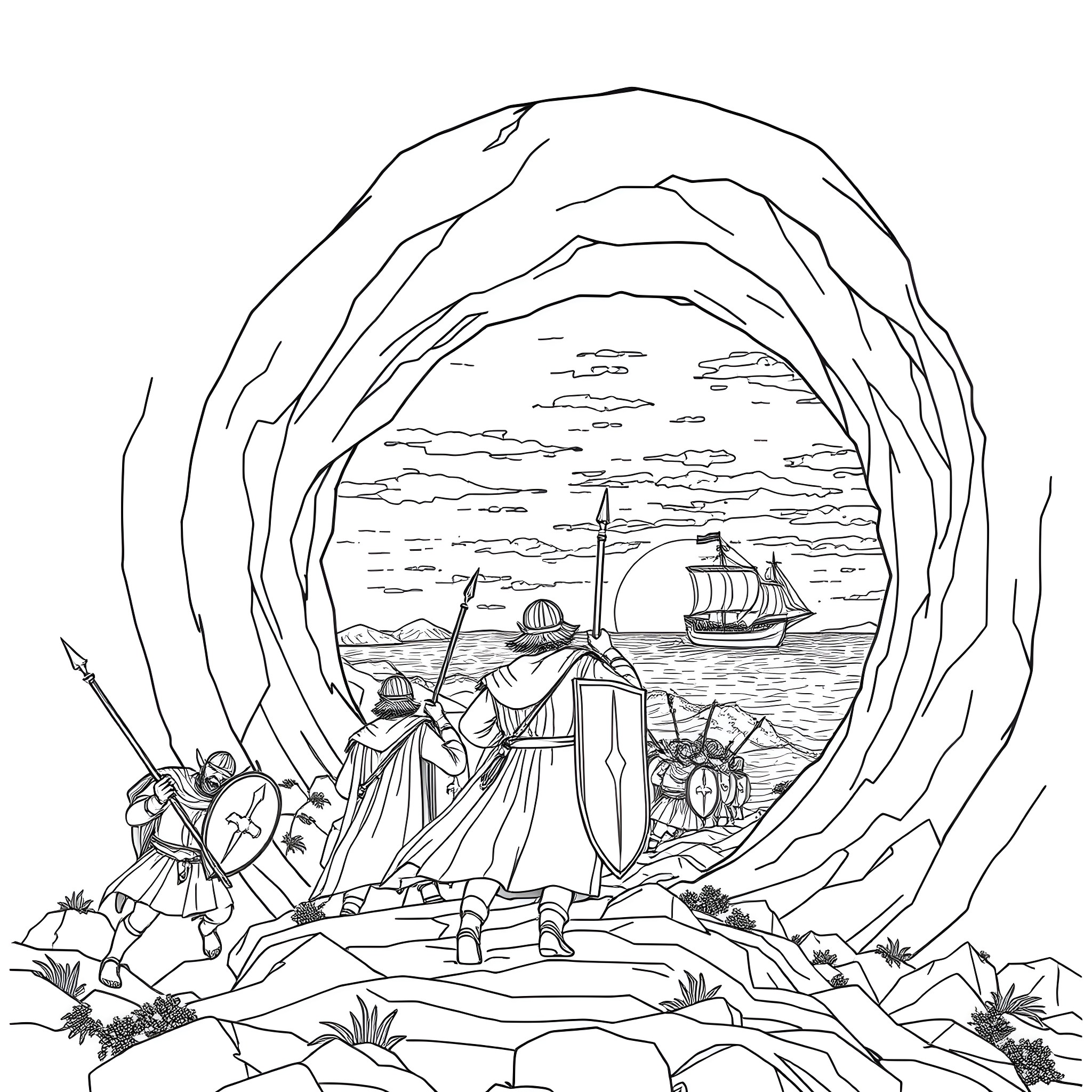 Time Traveler Exploring a Fantastical Landscape Coloring Page (free black-and-white line drawing printable PDF for all, from beginners to advanced learners, including children, teens, adults, and seniors)