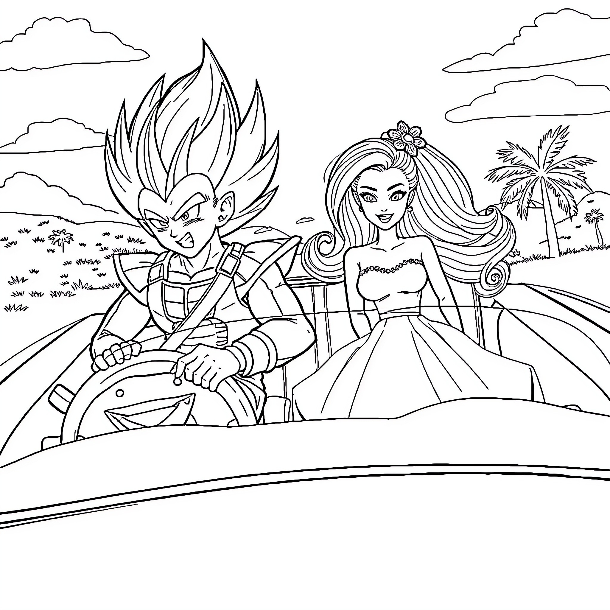 Vegeta and Girlfriend Enjoying Scenic Ride Coloring Page (free black-and-white line drawing printable PDF for all, from beginners to advanced learners, including children, teens, adults, and seniors)