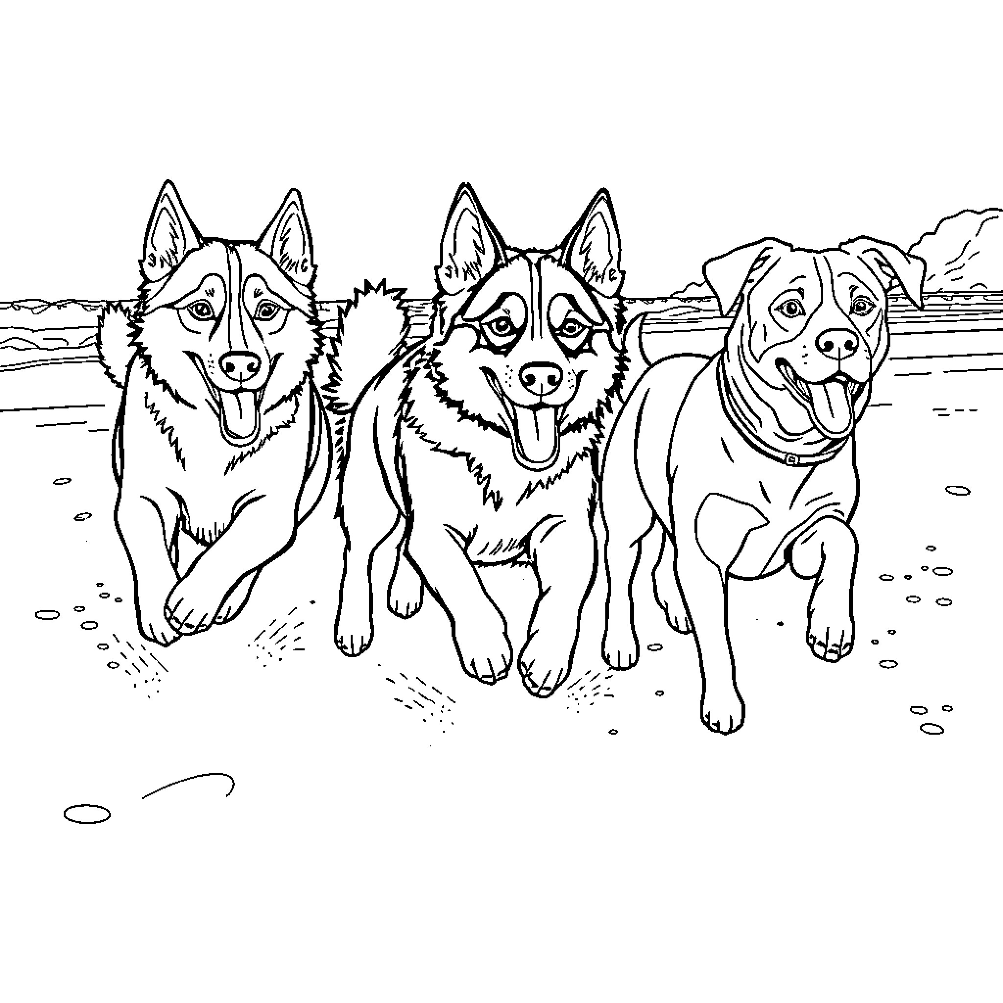 Dogs playing happily outdoors on the beach Coloring Page (free black-and-white line drawing printable PDF for all, from beginners to advanced learners, including children, teens, adults, and seniors)