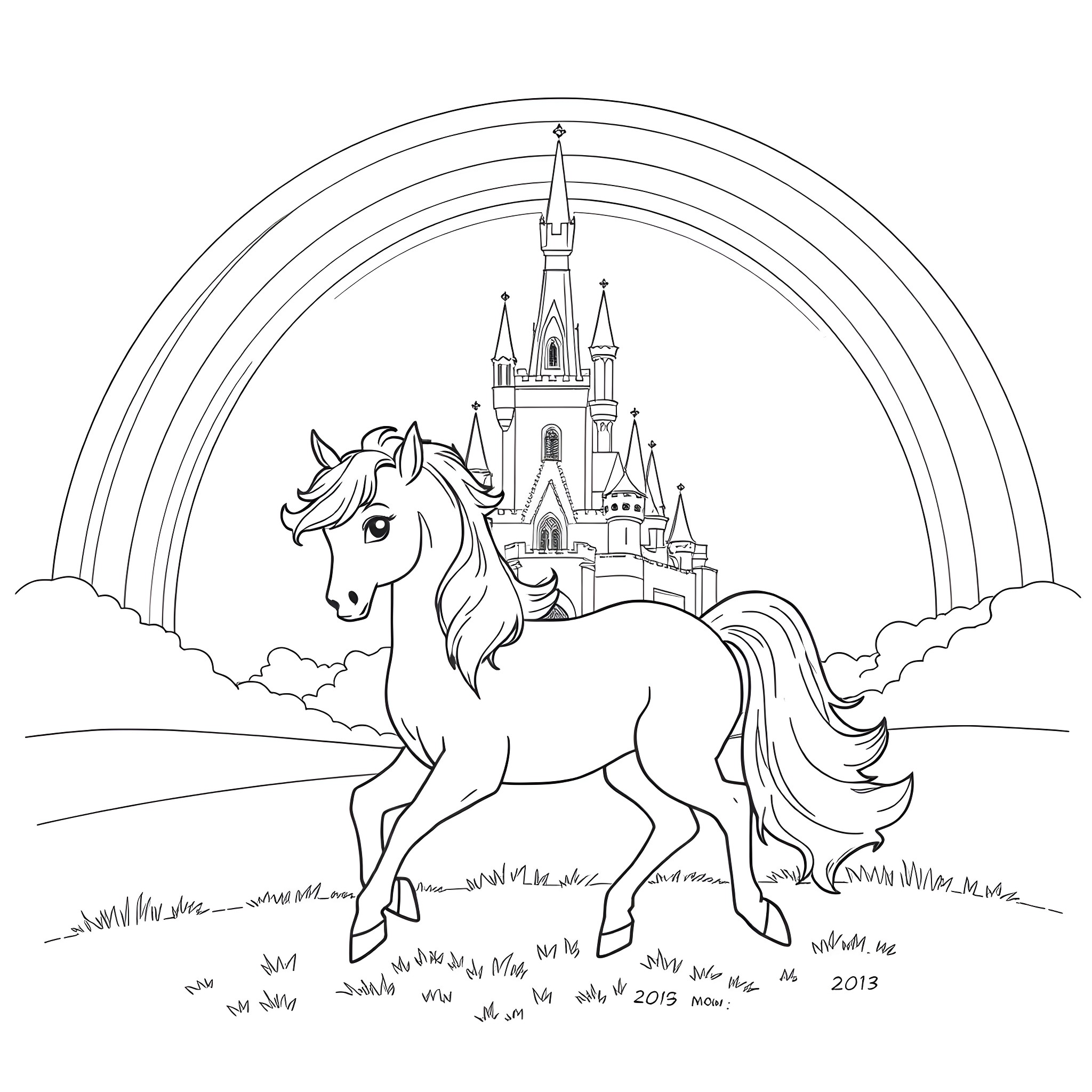 Pony frolicking in a magical kingdom Coloring Page (free black-and-white line drawing printable PDF for all, from beginners to advanced learners, including children, teens, adults, and seniors)