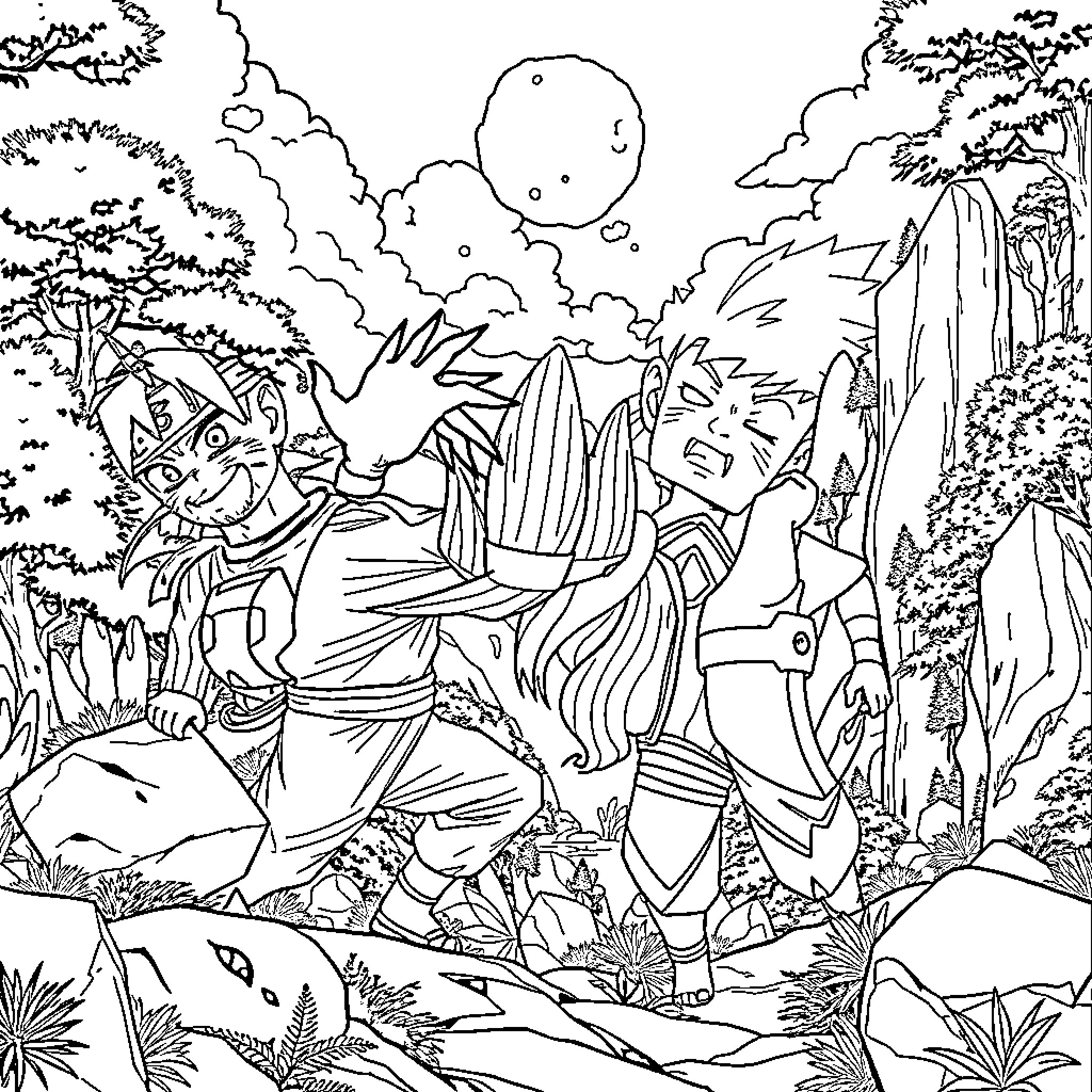 Naruto and Friends in Adventurous Jungle Expedition Coloring Page (free black-and-white line drawing printable PDF for all, from beginners to advanced learners, including children, teens, adults, and seniors)