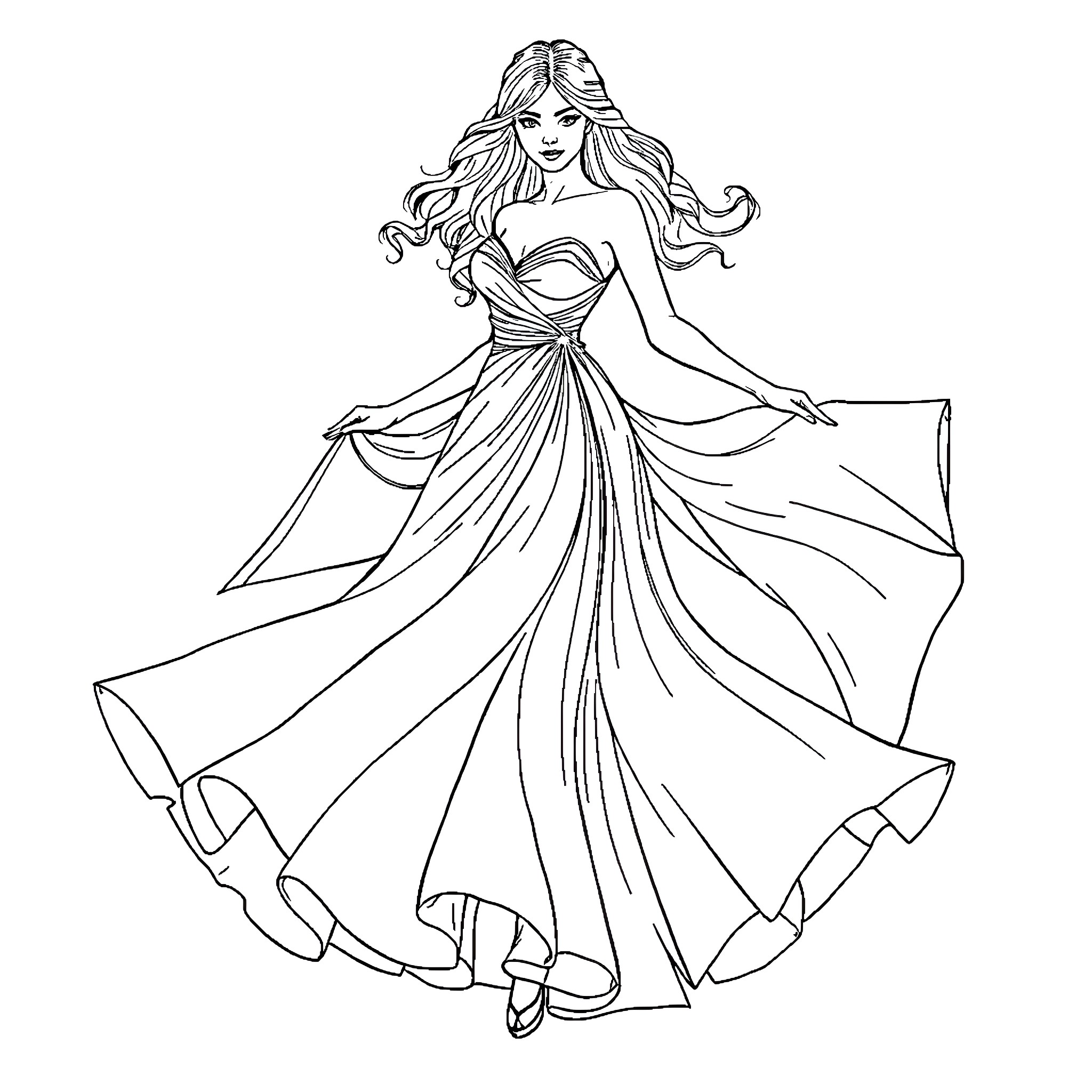 Woman in flowing evening gown dancing gracefully Coloring Page (free black-and-white line drawing printable PDF for all, from beginners to advanced learners, including children, teens, adults, and seniors)