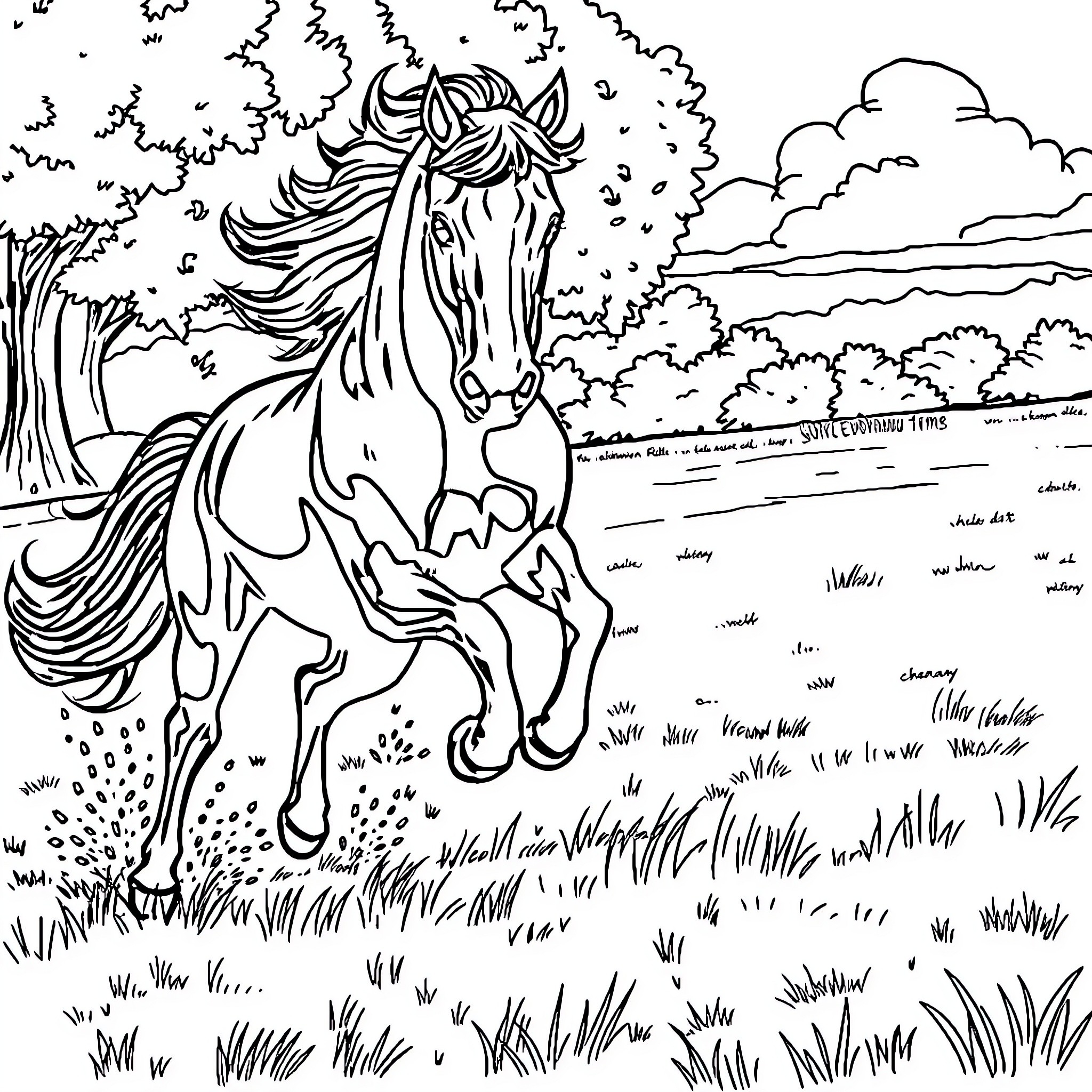 Horse galloping through a lush forest landscape Coloring Page (free black-and-white line drawing printable PDF for all, from beginners to advanced learners, including children, teens, adults, and seniors)