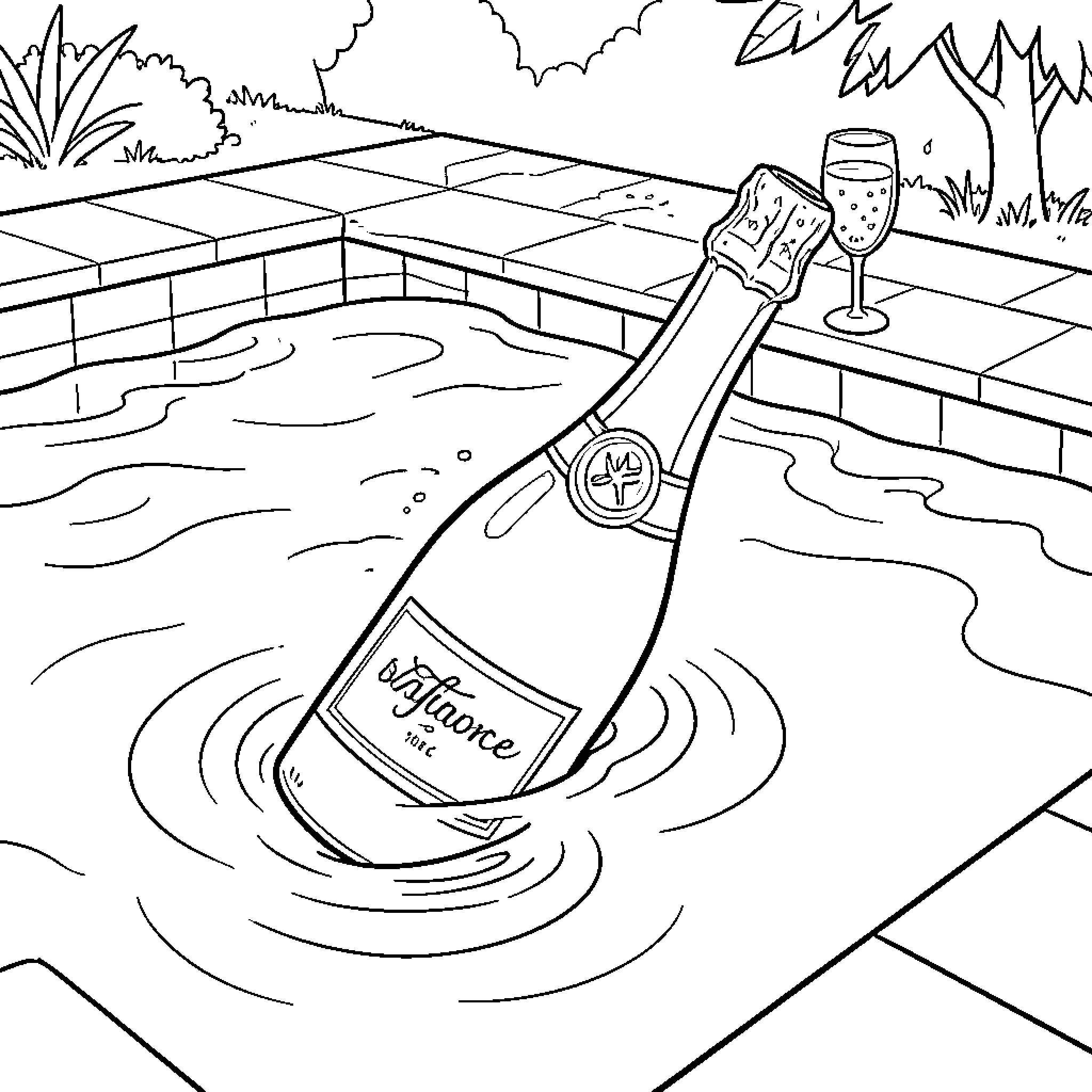 Champagne bottle floating in a pool with a glass Coloring Page (free black-and-white line drawing printable PDF for all, from beginners to advanced learners, including children, teens, adults, and seniors)