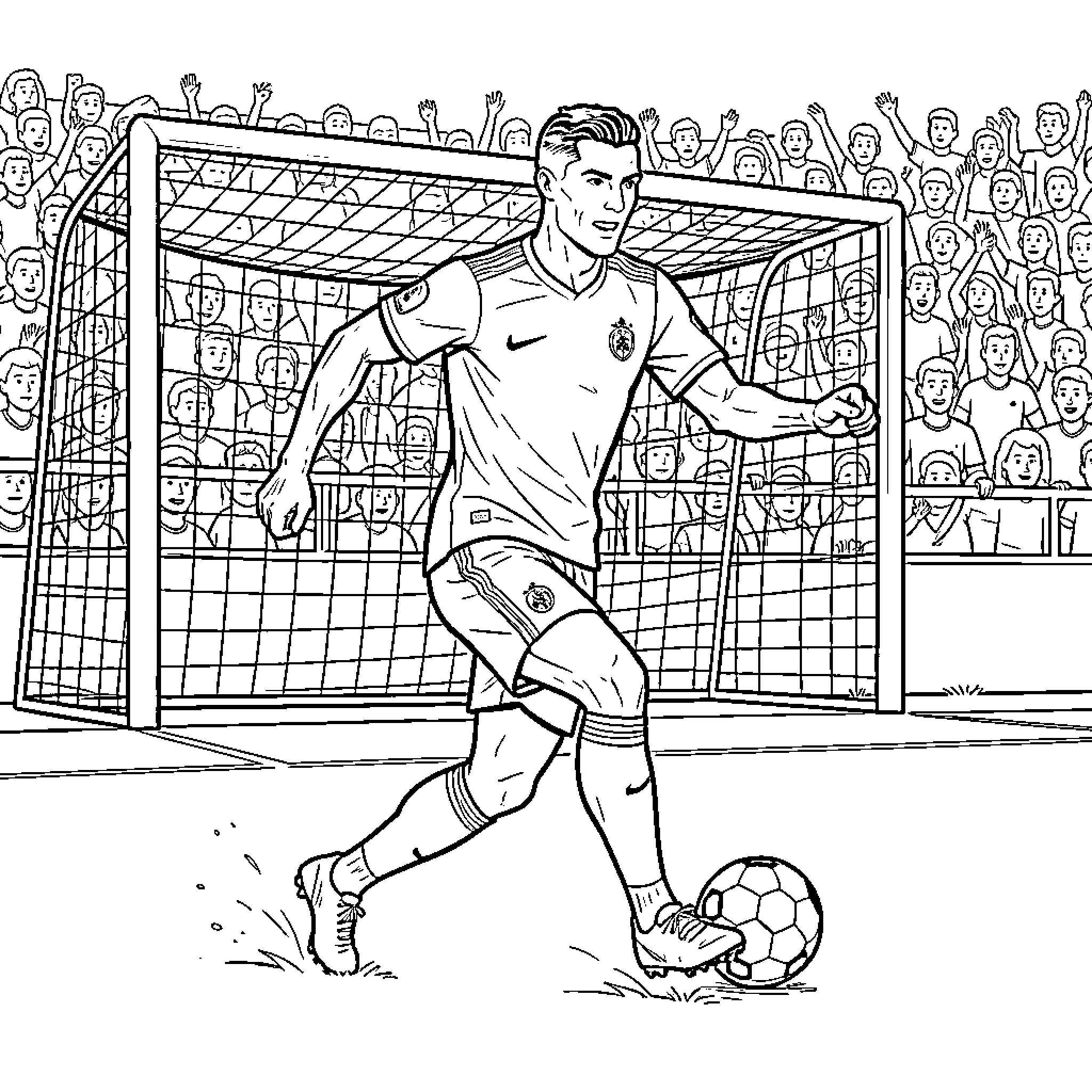 Cristiano Ronaldo dribbling a soccer ball during a match Coloring Page (free black-and-white line drawing printable PDF for all, from beginners to advanced learners, including children, teens, adults, and seniors)