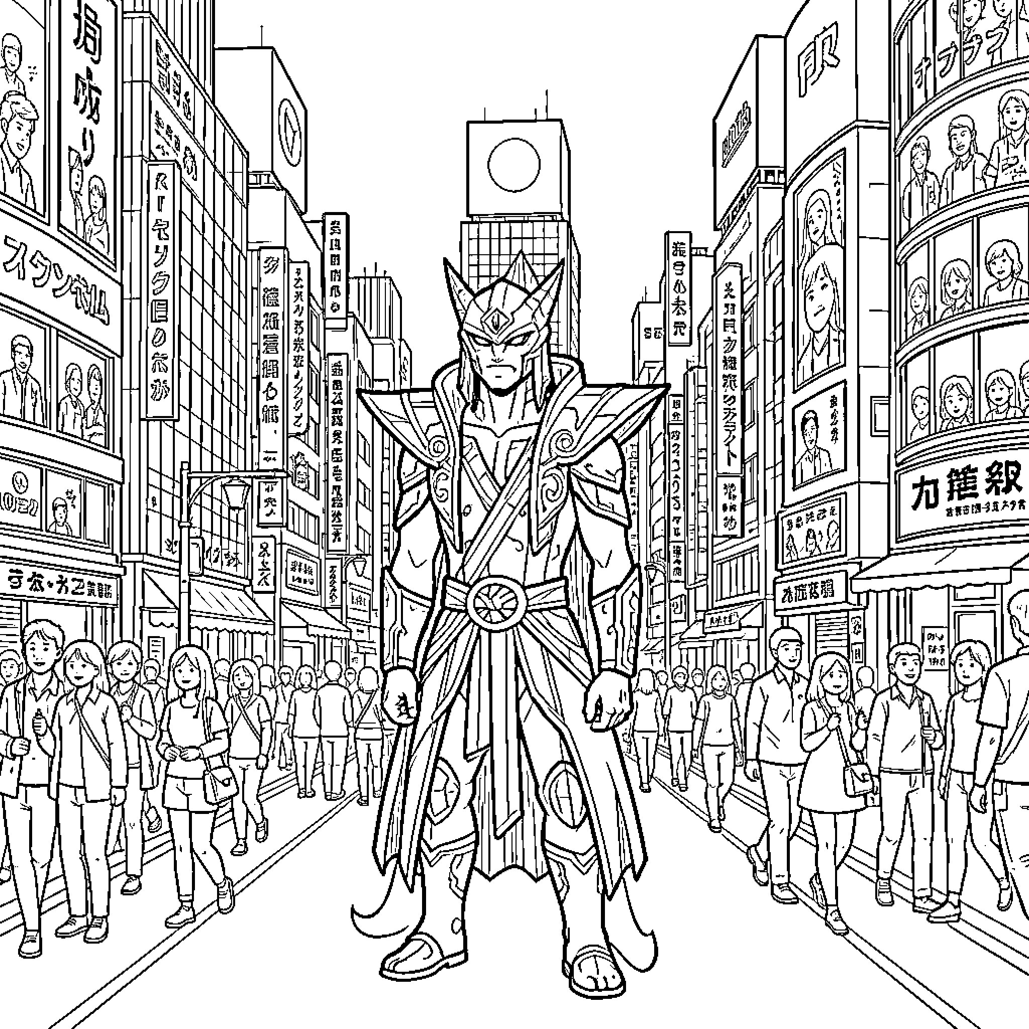 Mahoraga standing tall amidst a crowded city street Coloring Page (free black-and-white line drawing printable PDF for all, from beginners to advanced learners, including children, teens, adults, and seniors)
