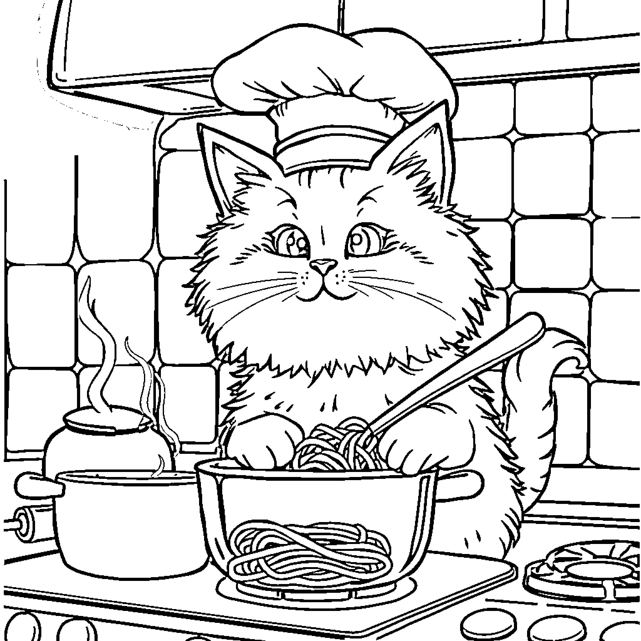 Cat Cooking Spaghetti in the Kitchen Coloring Page (free black-and-white line drawing printable PDF for all, from beginners to advanced learners, including children, teens, adults, and seniors)