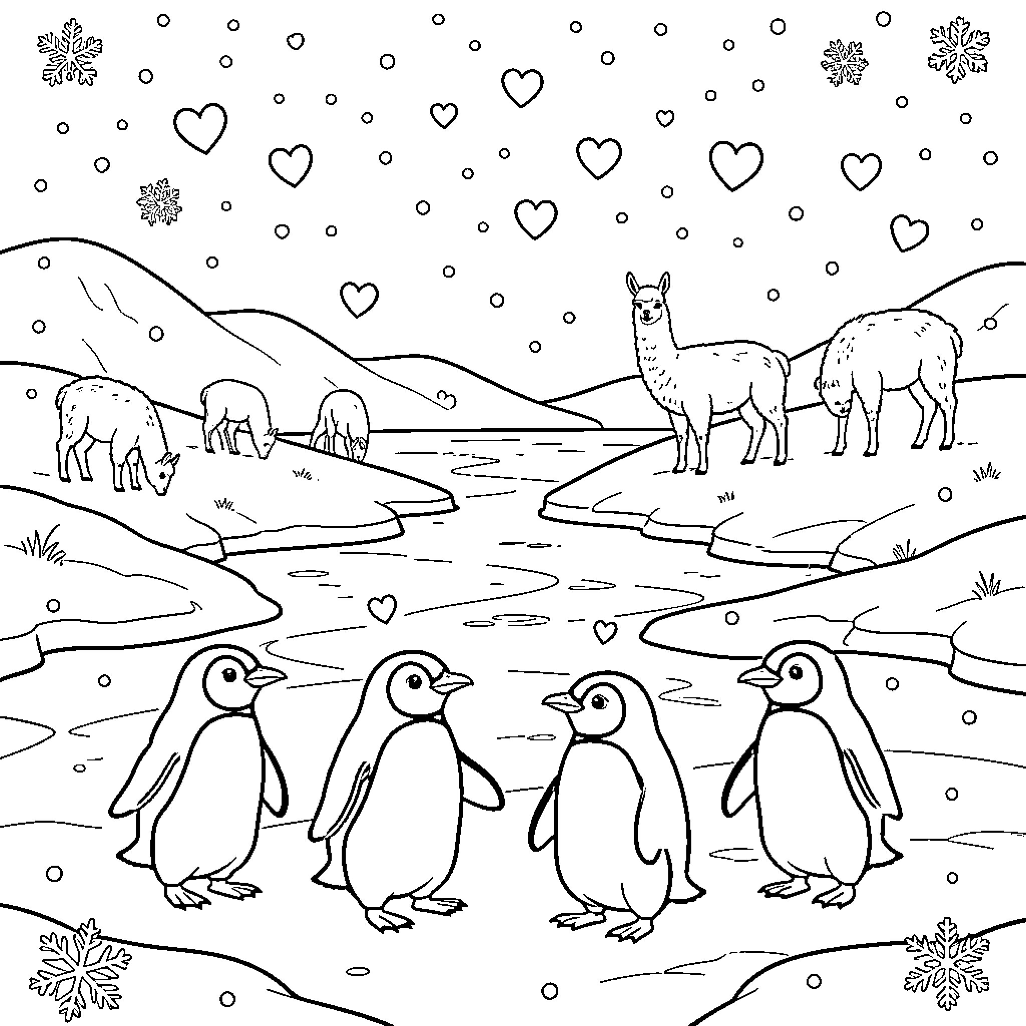 Penguins standing together in a snowy landscape with llamas Coloring Page (free black-and-white line drawing printable PDF for all, from beginners to advanced learners, including children, teens, adults, and seniors)