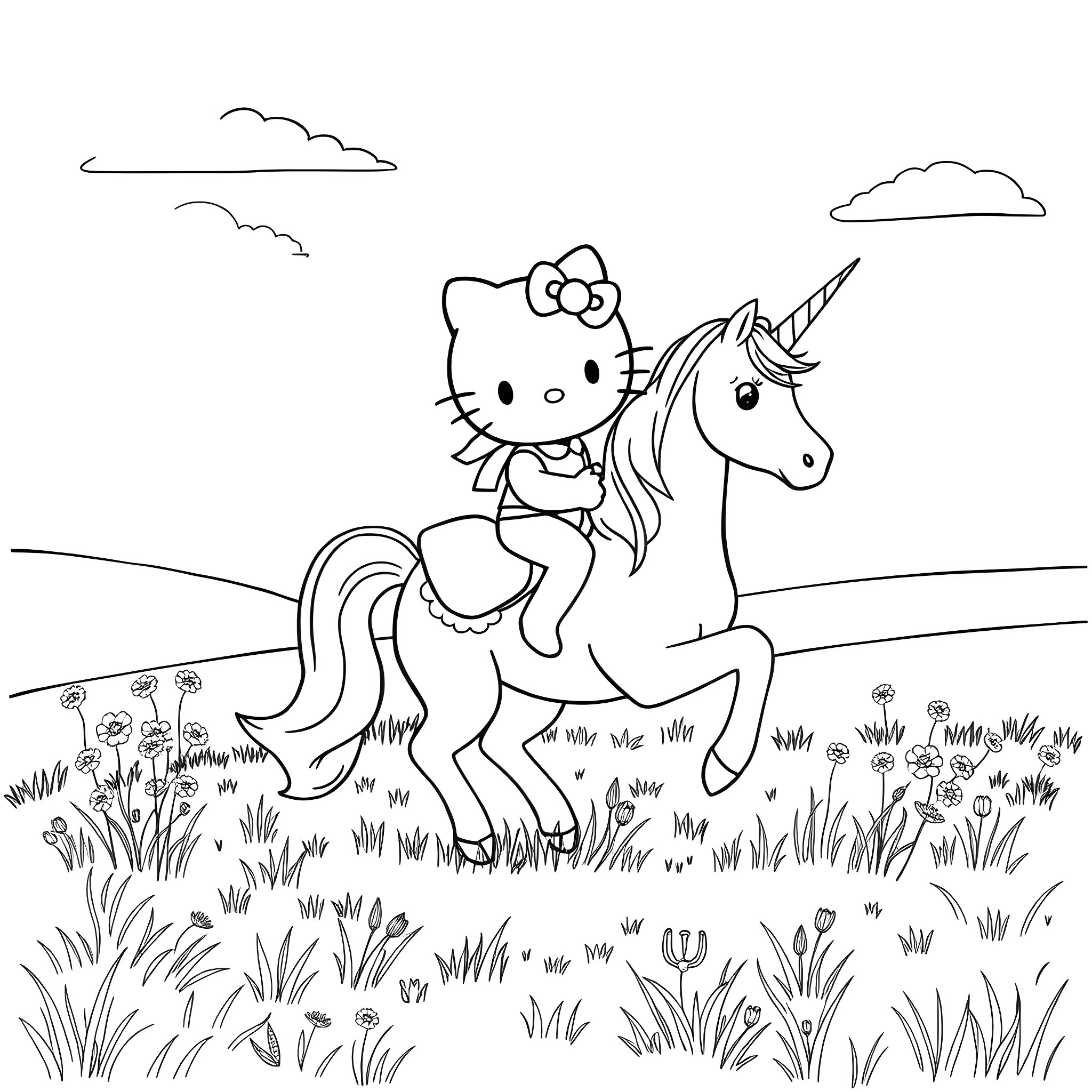 Hello Kitty riding a unicorn in the meadow Coloring Page (free black-and-white line drawing printable PDF for all, from beginners to advanced learners, including children, teens, adults, and seniors)