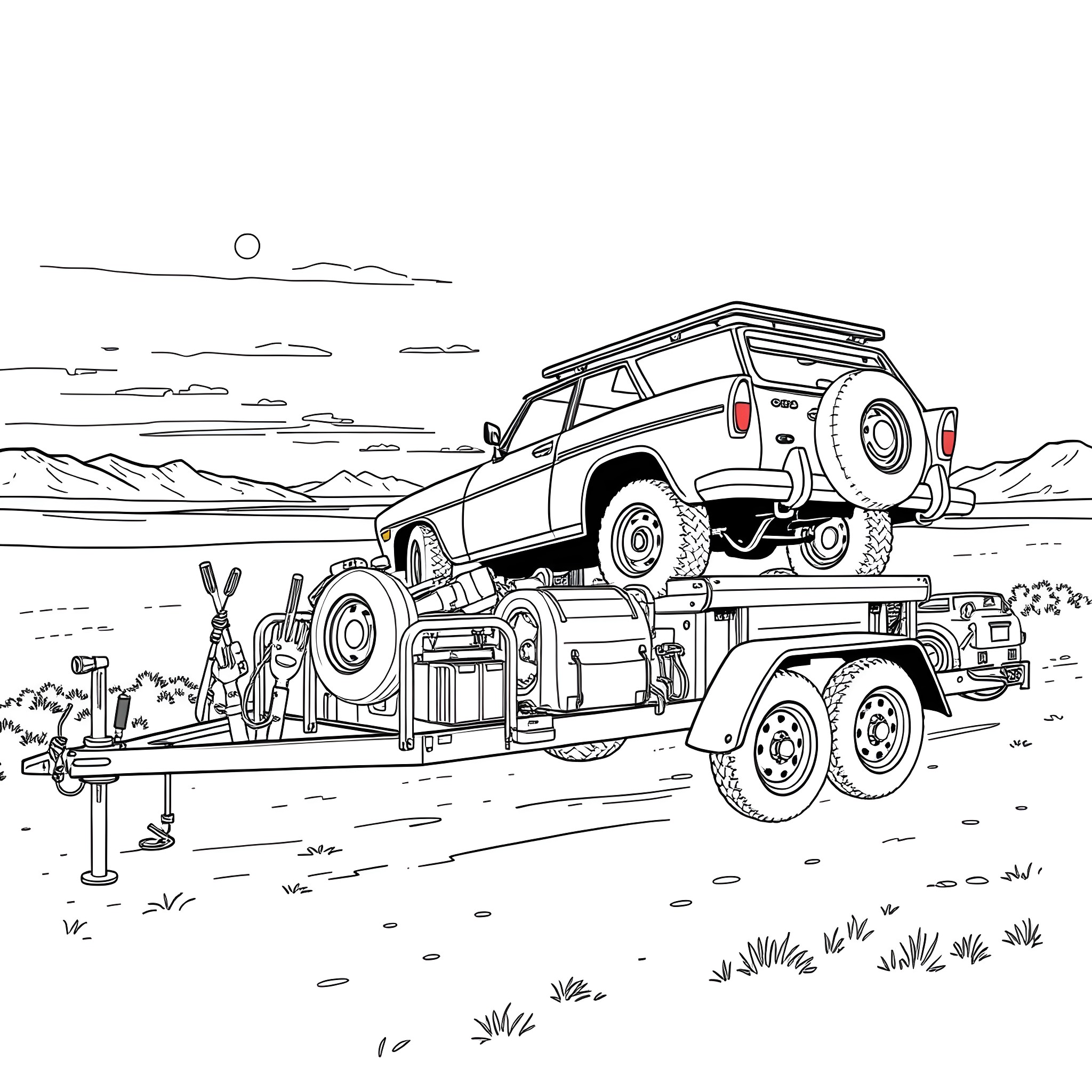 Car Trailer Transporting Adventure Vehicle in Scenic Landscape Coloring Page (free black-and-white line drawing printable PDF for all, from beginners to advanced learners, including children, teens, adults, and seniors)