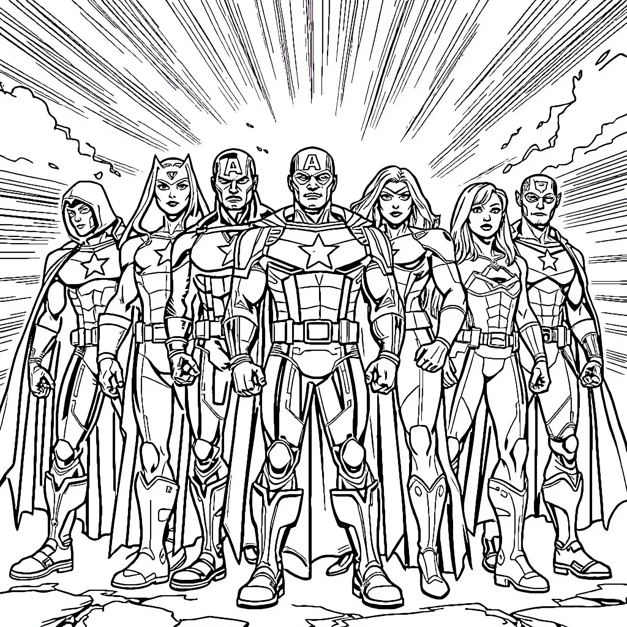 Avenger heroes in dramatic action pose Coloring Page (free black-and-white line drawing printable PDF for all, from beginners to advanced learners, including children, teens, adults, and seniors)