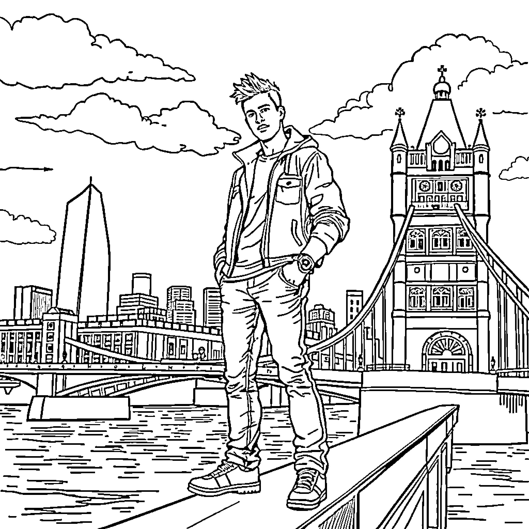 Mgk standing on tower bridge in london Coloring Page (free black-and-white line drawing printable PDF for all, from beginners to advanced learners, including children, teens, adults, and seniors)