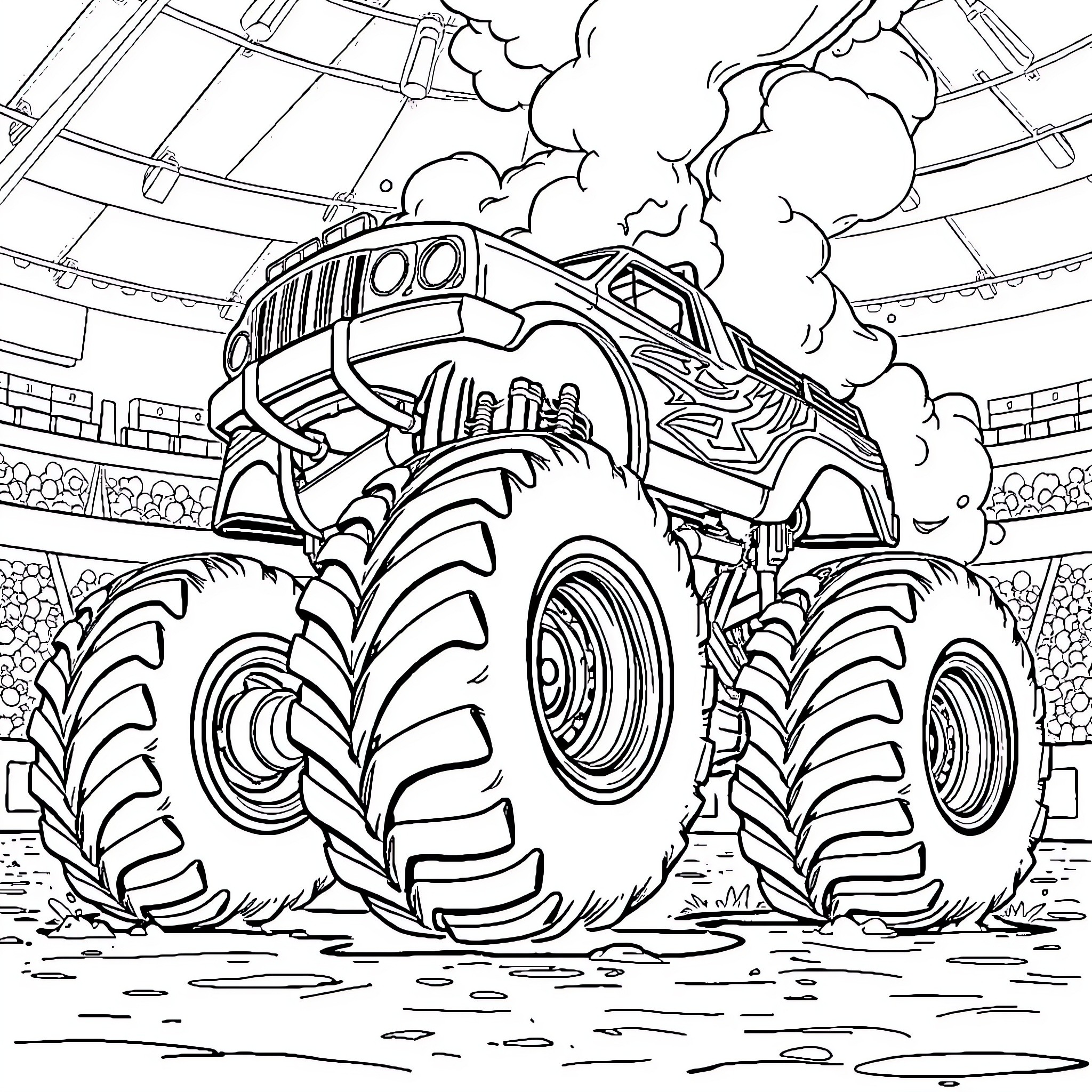 Monster Truck Performing Stunts in Arena Coloring Page (free black-and-white line drawing printable PDF for all, from beginners to advanced learners, including children, teens, adults, and seniors)