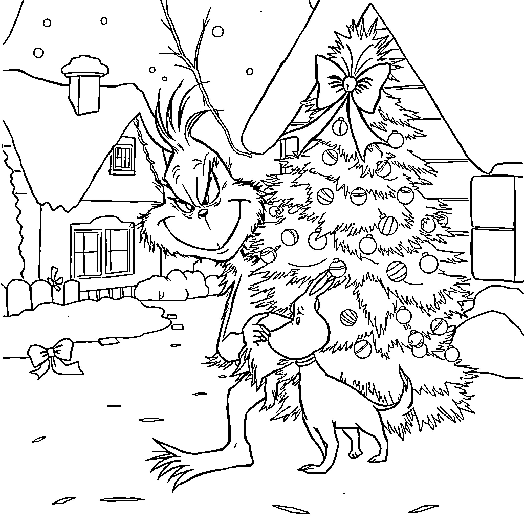 Grinch decorating Christmas tree in winter wonderland Coloring Page (free black-and-white line drawing printable PDF for all, from beginners to advanced learners, including children, teens, adults, and seniors)