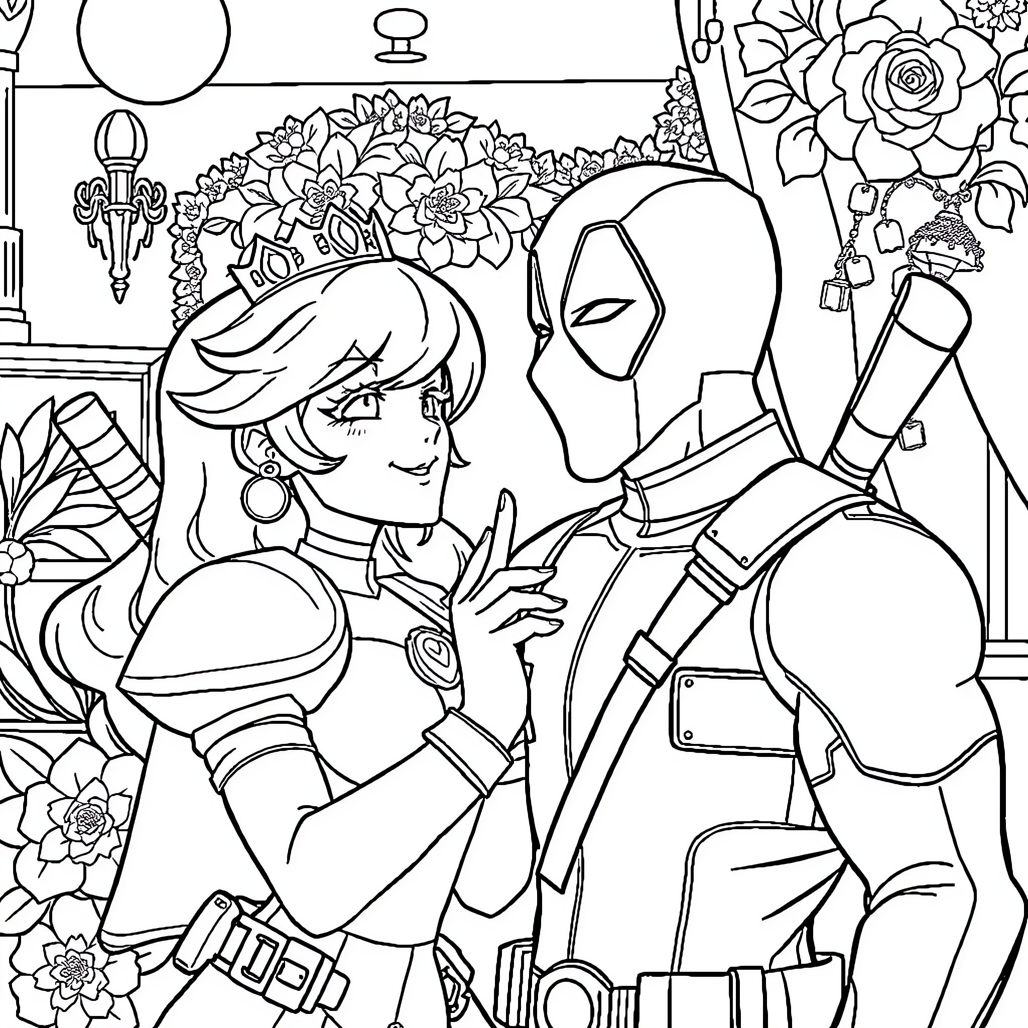 Peach and Knight's Romantic Encounter in Floral Setting Coloring Page (free black-and-white line drawing printable PDF for all, from beginners to advanced learners, including children, teens, adults, and seniors)