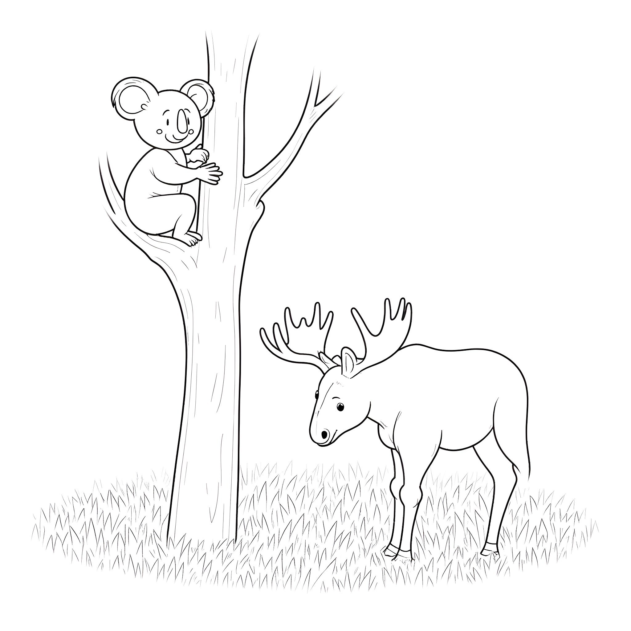 Koala resting on tree with moose in the distance Coloring Page (free black-and-white line drawing printable PDF for all, from beginners to advanced learners, including children, teens, adults, and seniors)