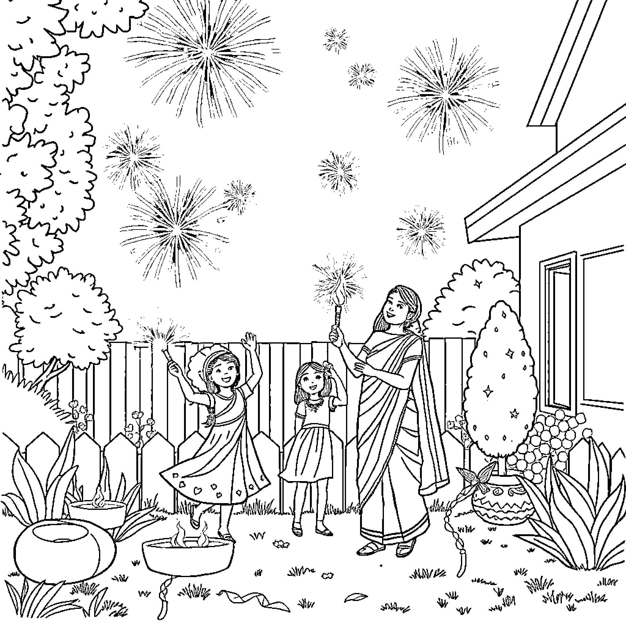 Family Celebrating Diwali Festival with Fireworks Coloring Page (free black-and-white line drawing printable PDF for all, from beginners to advanced learners, including children, teens, adults, and seniors)