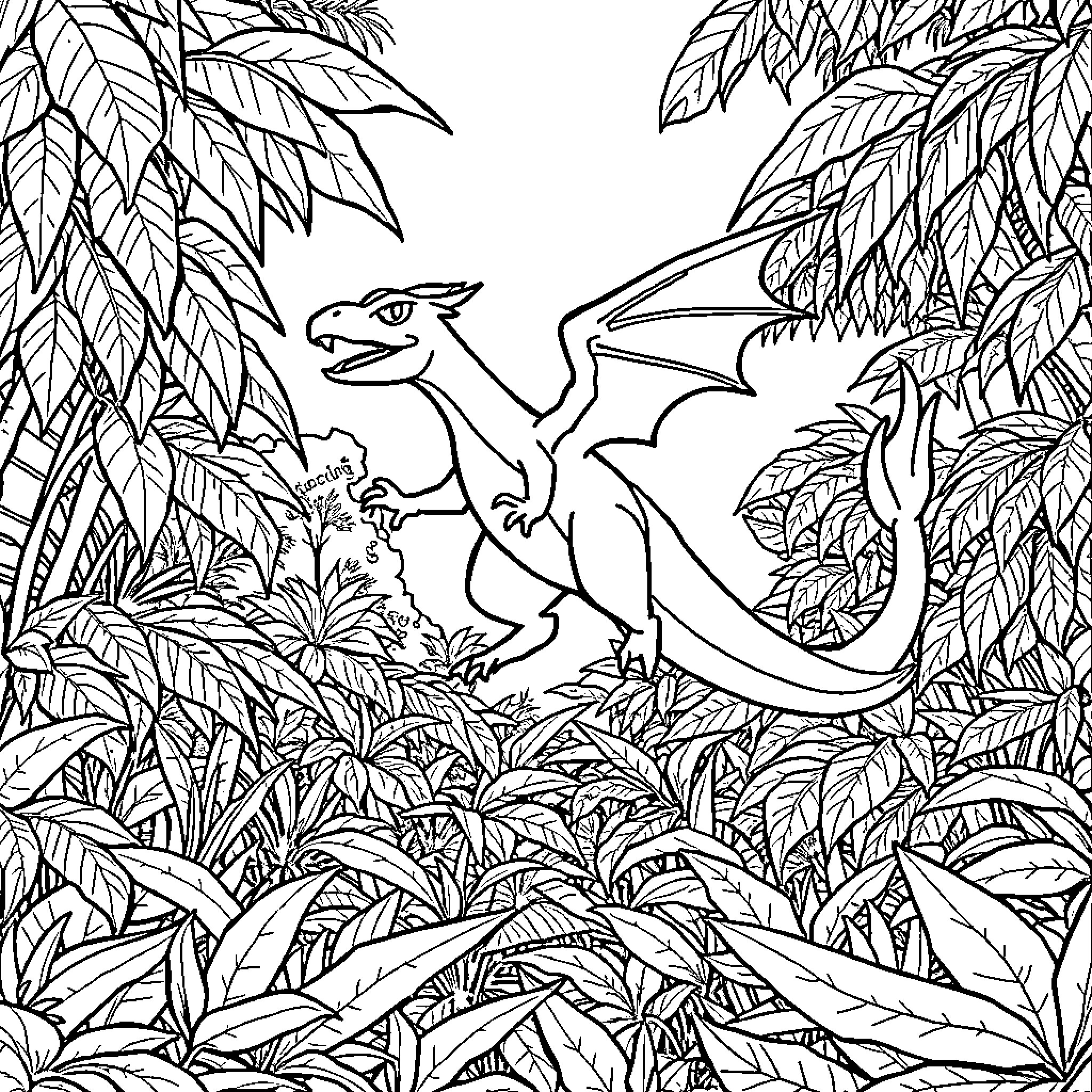 Charizard exploring the tropical forest Coloring Page (free black-and-white line drawing printable PDF for all, from beginners to advanced learners, including children, teens, adults, and seniors)