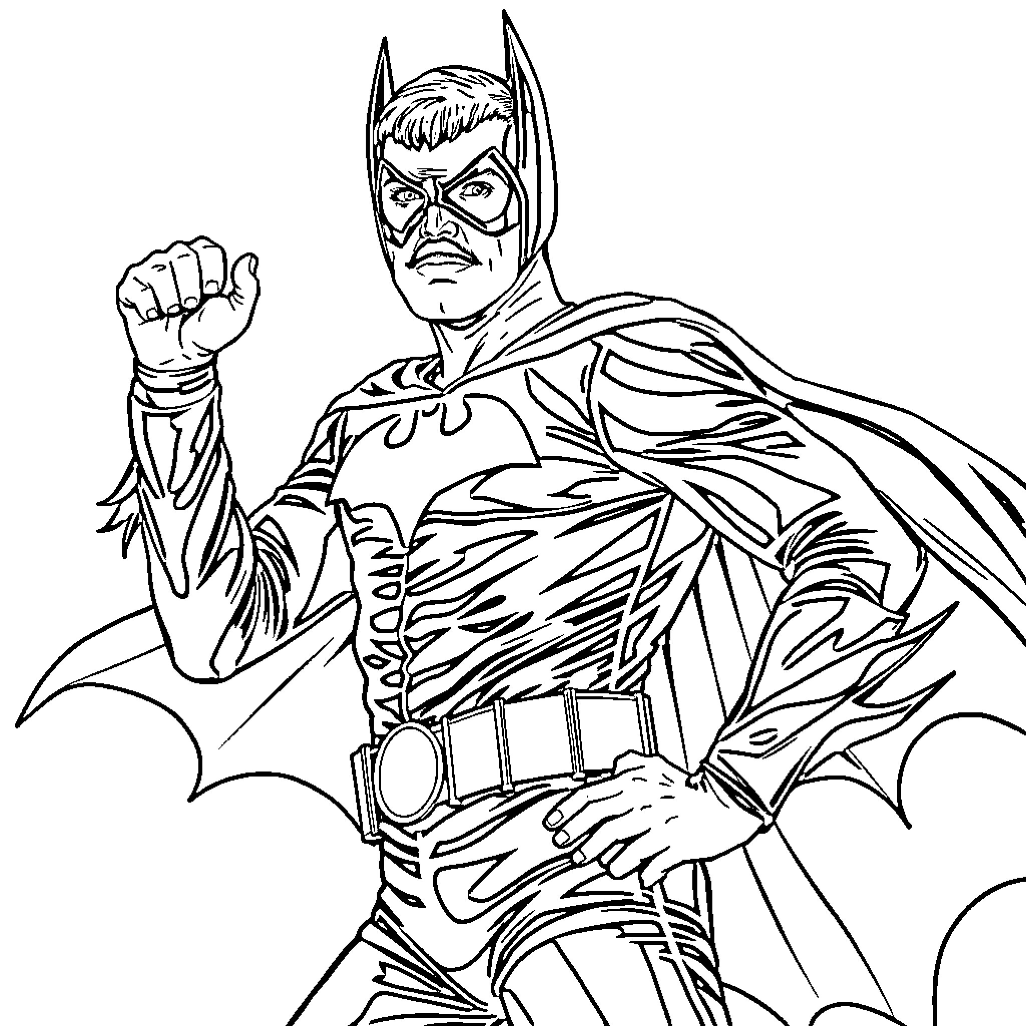 Freddie Mercury as Batman in a heroic pose Coloring Page (free black-and-white line drawing printable PDF for all, from beginners to advanced learners, including children, teens, adults, and seniors)
