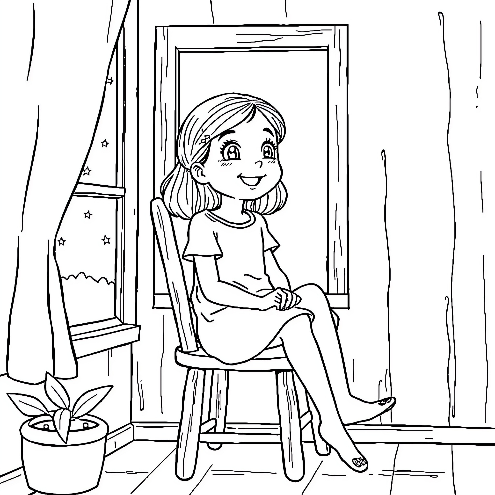 Girl sitting happily by the window Coloring Page (free black-and-white line drawing printable PDF for all, from beginners to advanced learners, including children, teens, adults, and seniors)