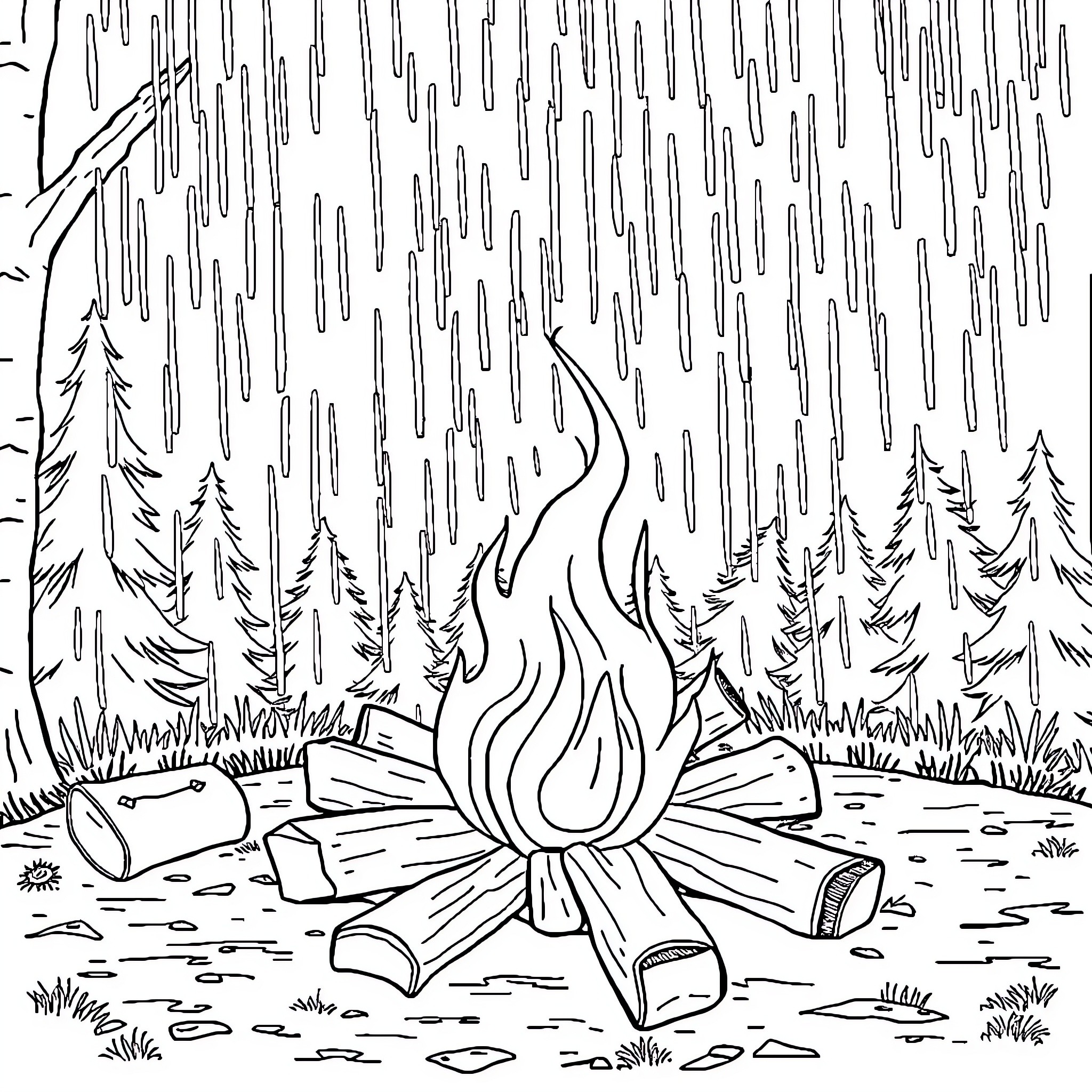 Camping Fire in the Rainy Forest Coloring Page (free black-and-white line drawing printable PDF for all, from beginners to advanced learners, including children, teens, adults, and seniors)