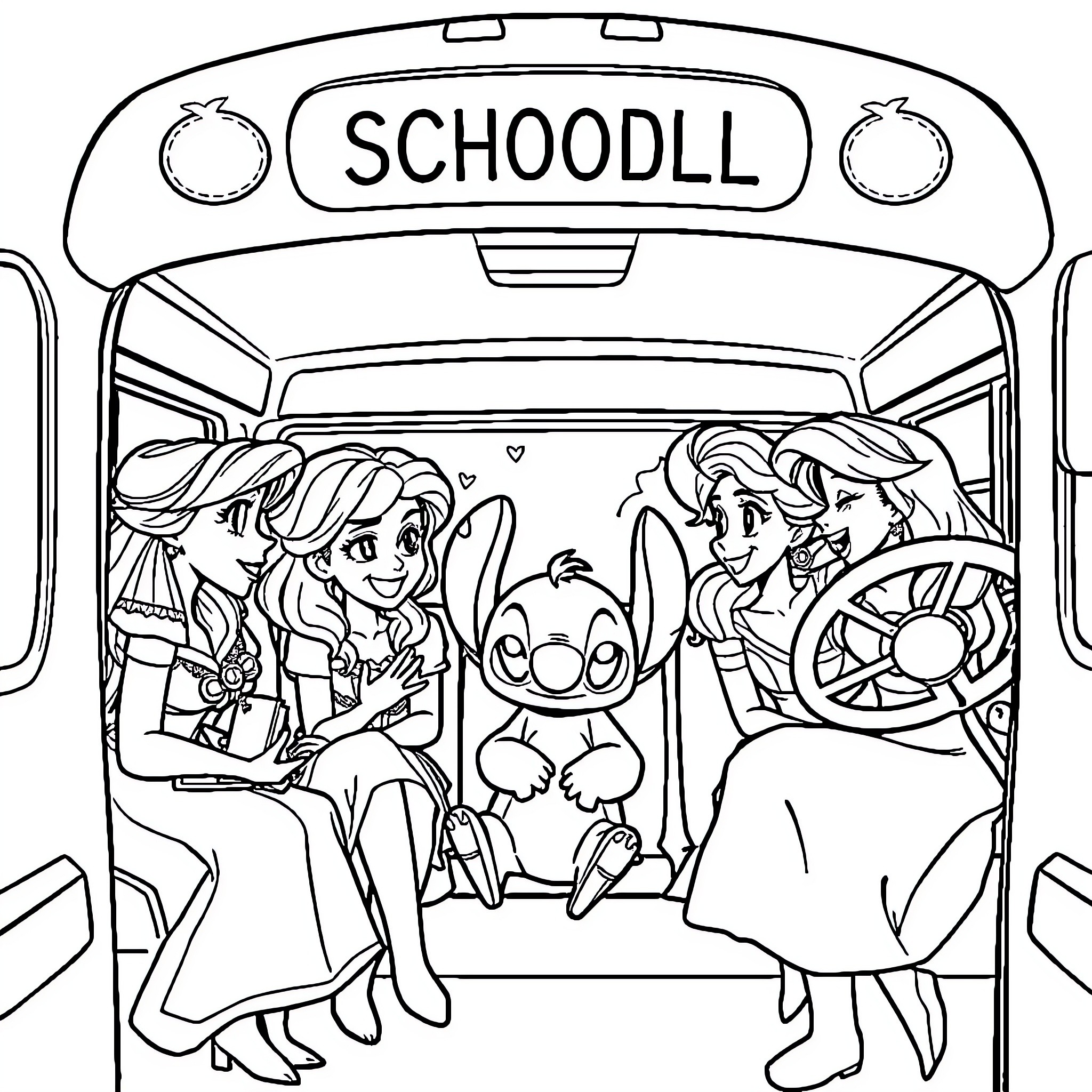 Bus ride with cartoon characters Coloring Page (free black-and-white line drawing printable PDF for all, from beginners to advanced learners, including children, teens, adults, and seniors)