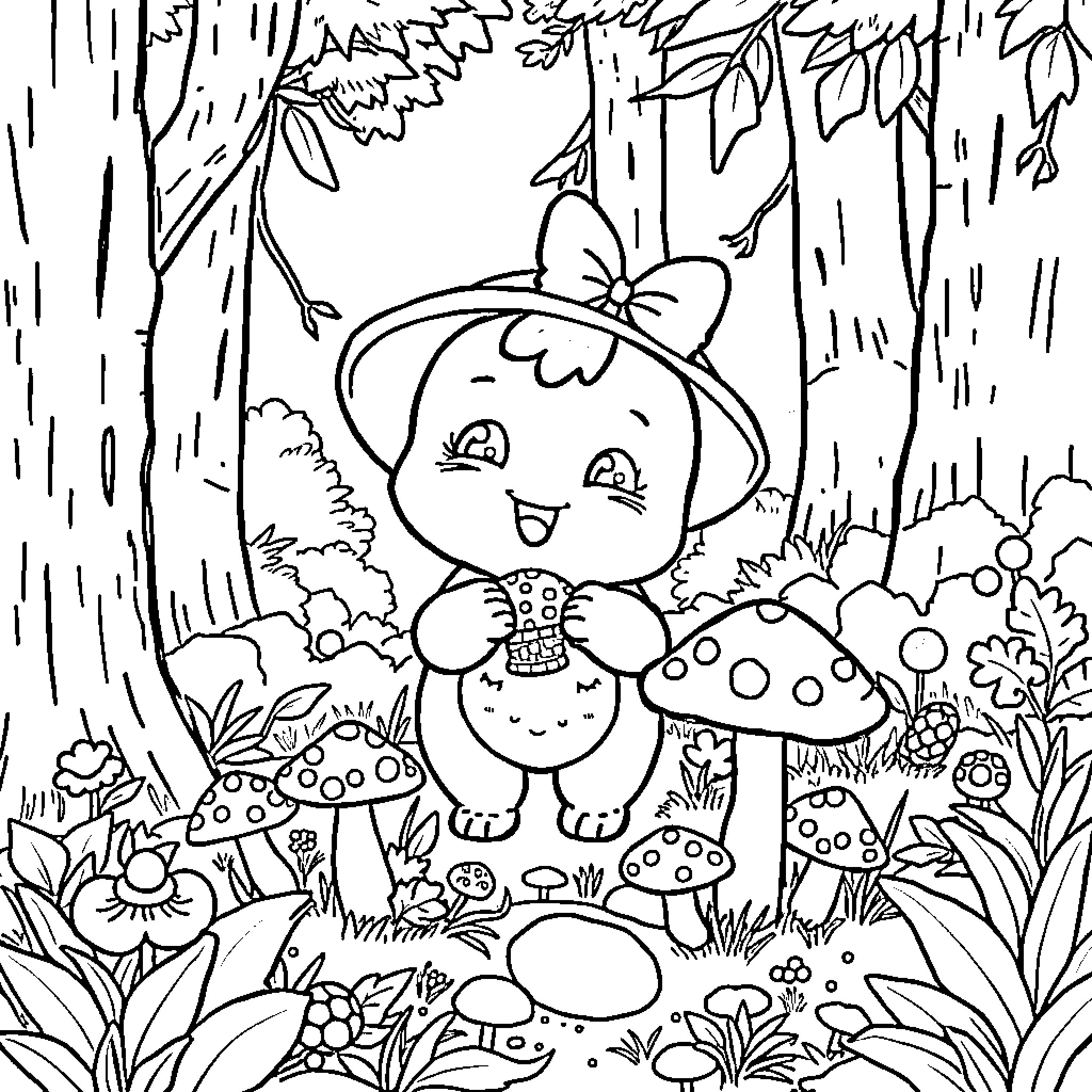 Mimimishki playing happily in the magical forest Coloring Page (free black-and-white line drawing printable PDF for all, from beginners to advanced learners, including children, teens, adults, and seniors)