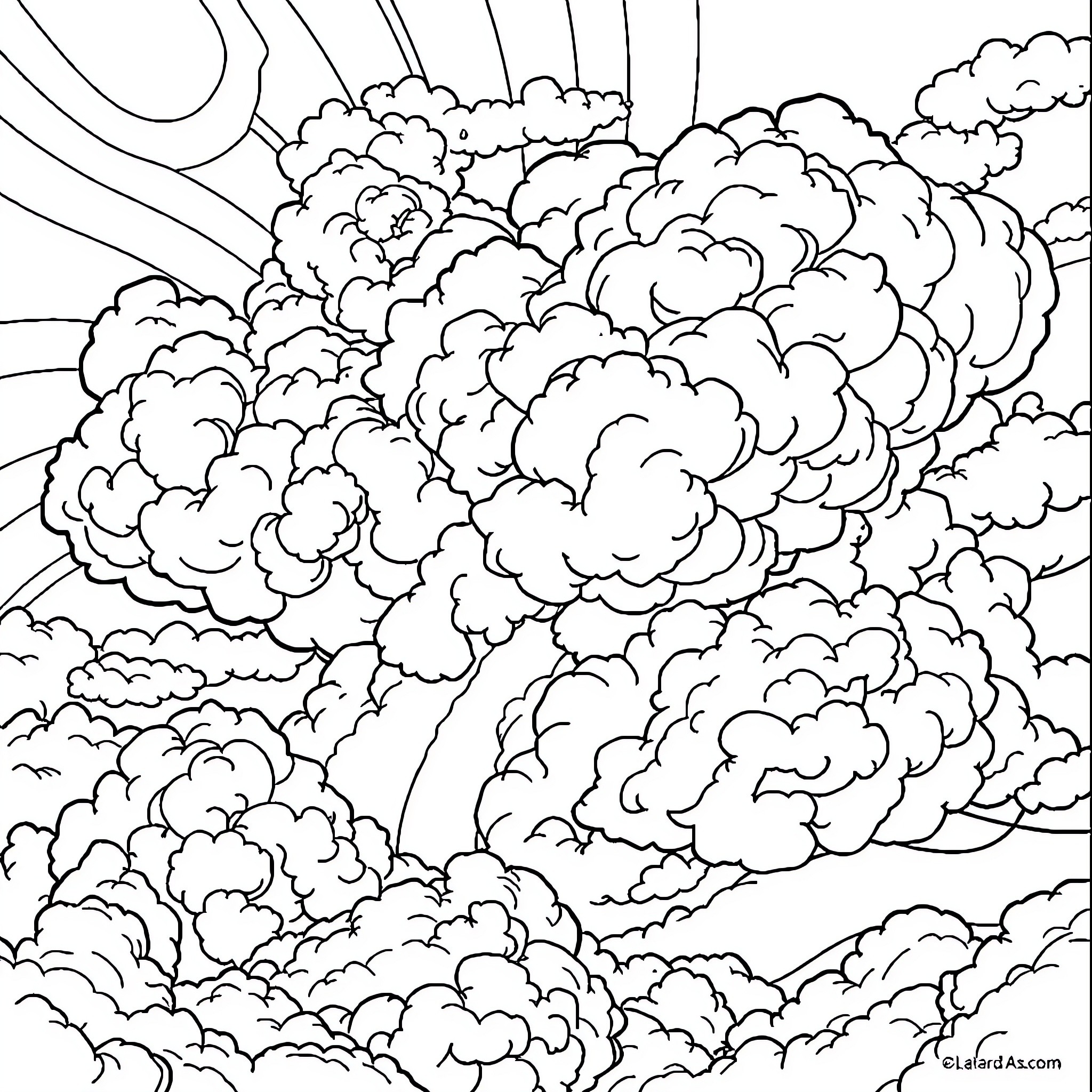 Rainbow Clouds Dancing in the Sky Coloring Page (free black-and-white line drawing printable PDF for all, from beginners to advanced learners, including children, teens, adults, and seniors)