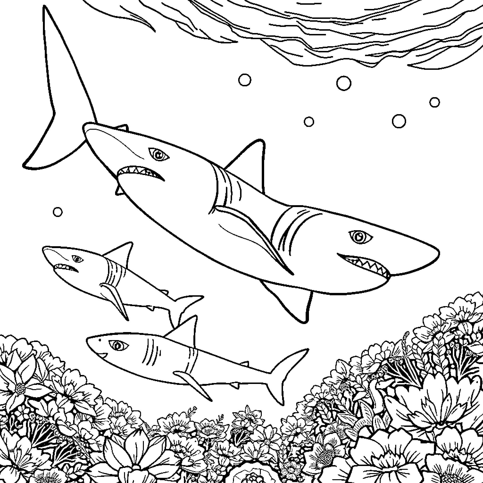 Shark swimming amid colorful underwater plants Coloring Page (free black-and-white line drawing printable PDF for all, from beginners to advanced learners, including children, teens, adults, and seniors)
