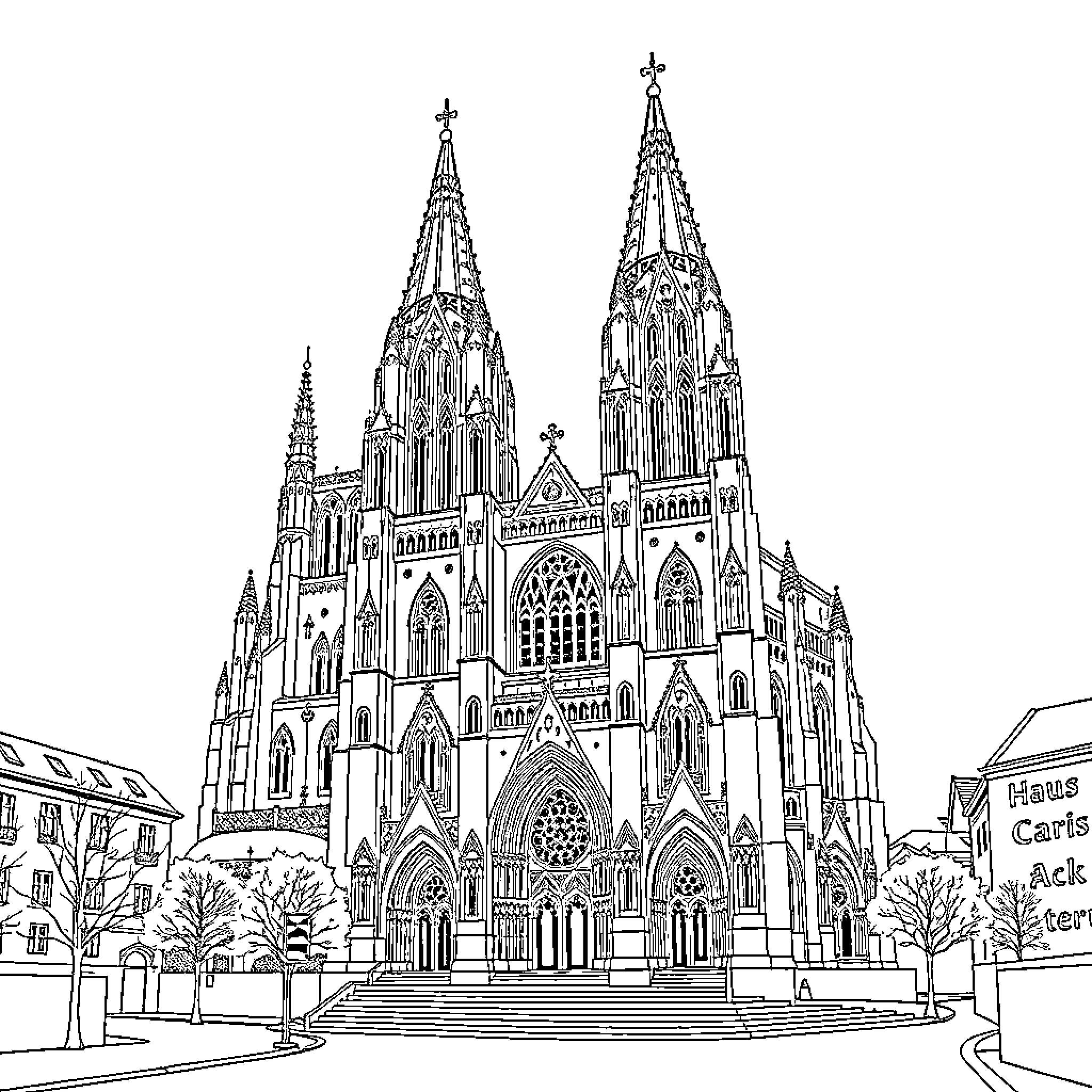 Cathedral of intricate Gothic architecture and spires Coloring Page (free black-and-white line drawing printable PDF for all, from beginners to advanced learners, including children, teens, adults, and seniors)